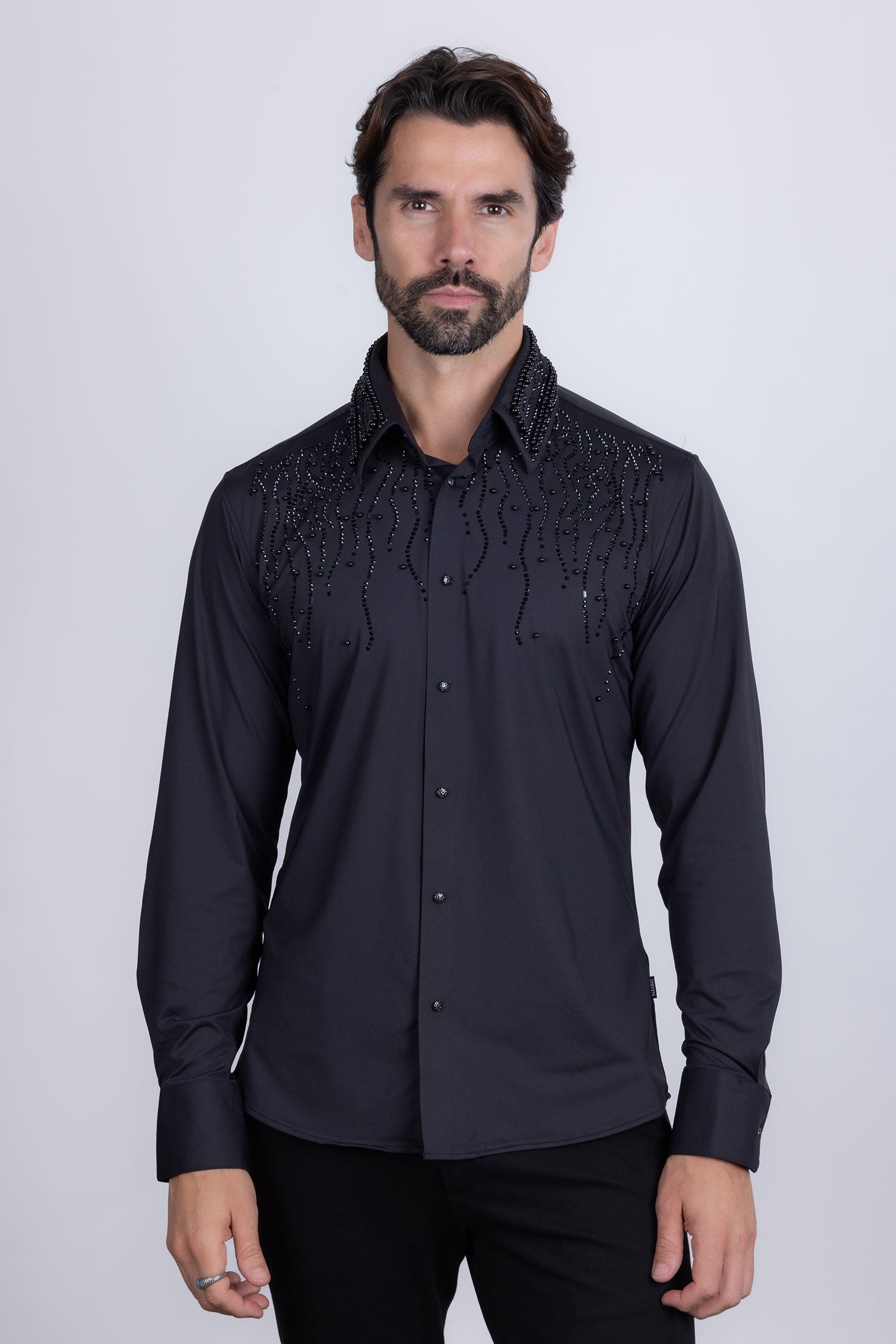 Barabas Men's Rhinestones Geometric Stretch Long Sleeve Shirts 5BR03 Black