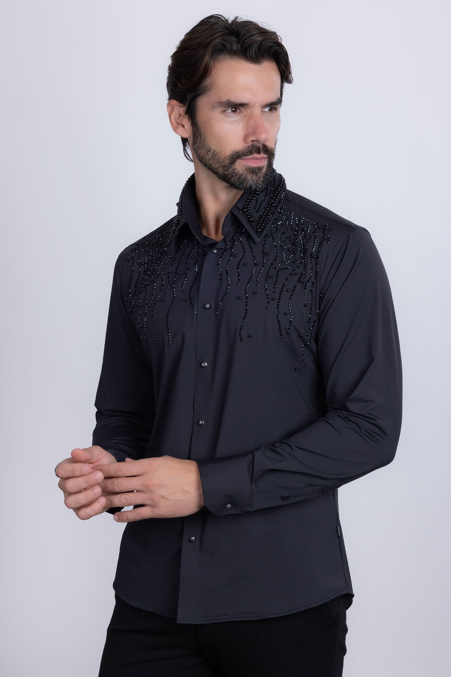 Barabas Men's Rhinestones Geometric Stretch Long Sleeve Shirts 5BR03 Black