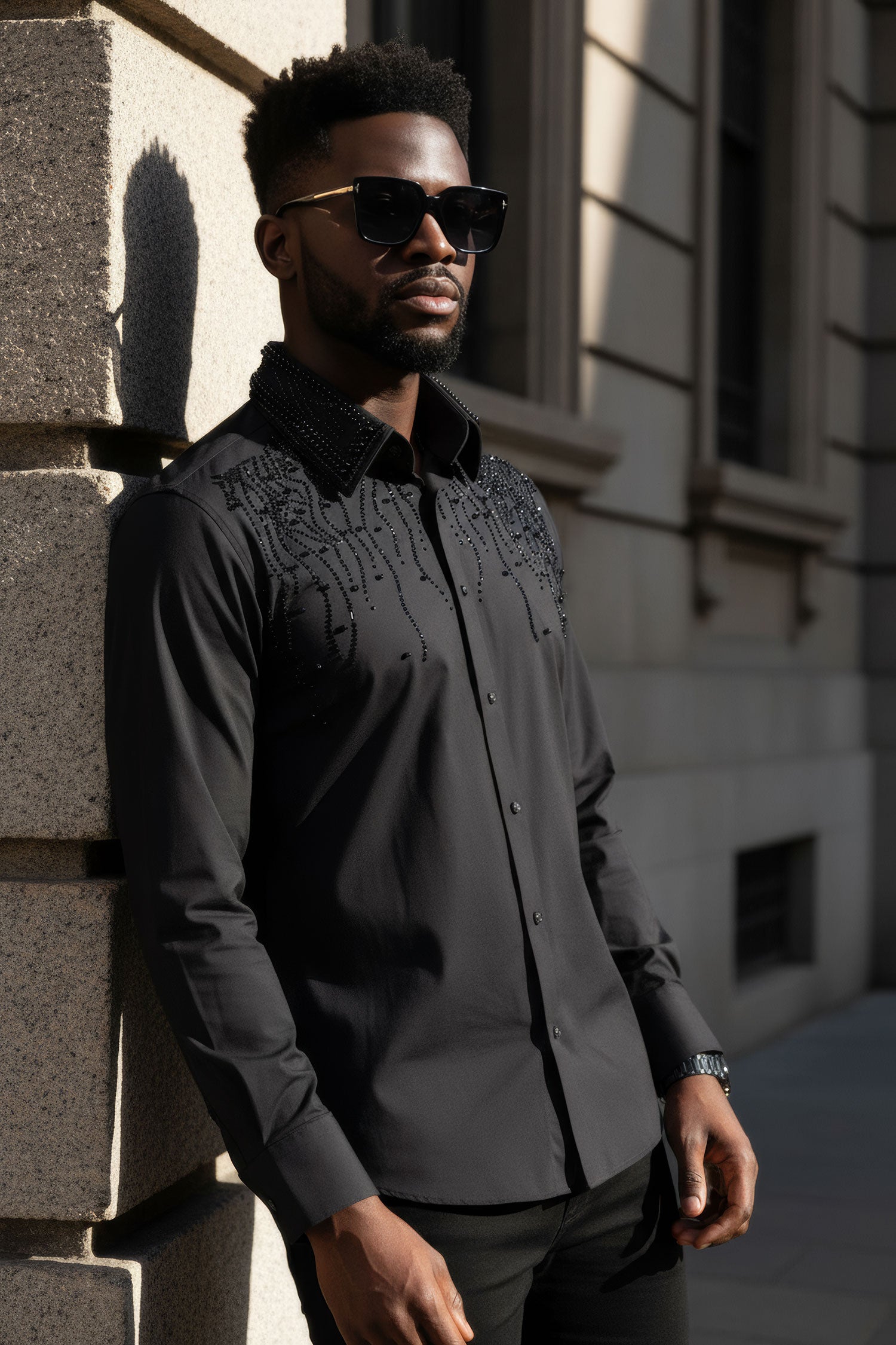 Barabas Men's Rhinestones Geometric Stretch Long Sleeve Shirts 5BR03 Black