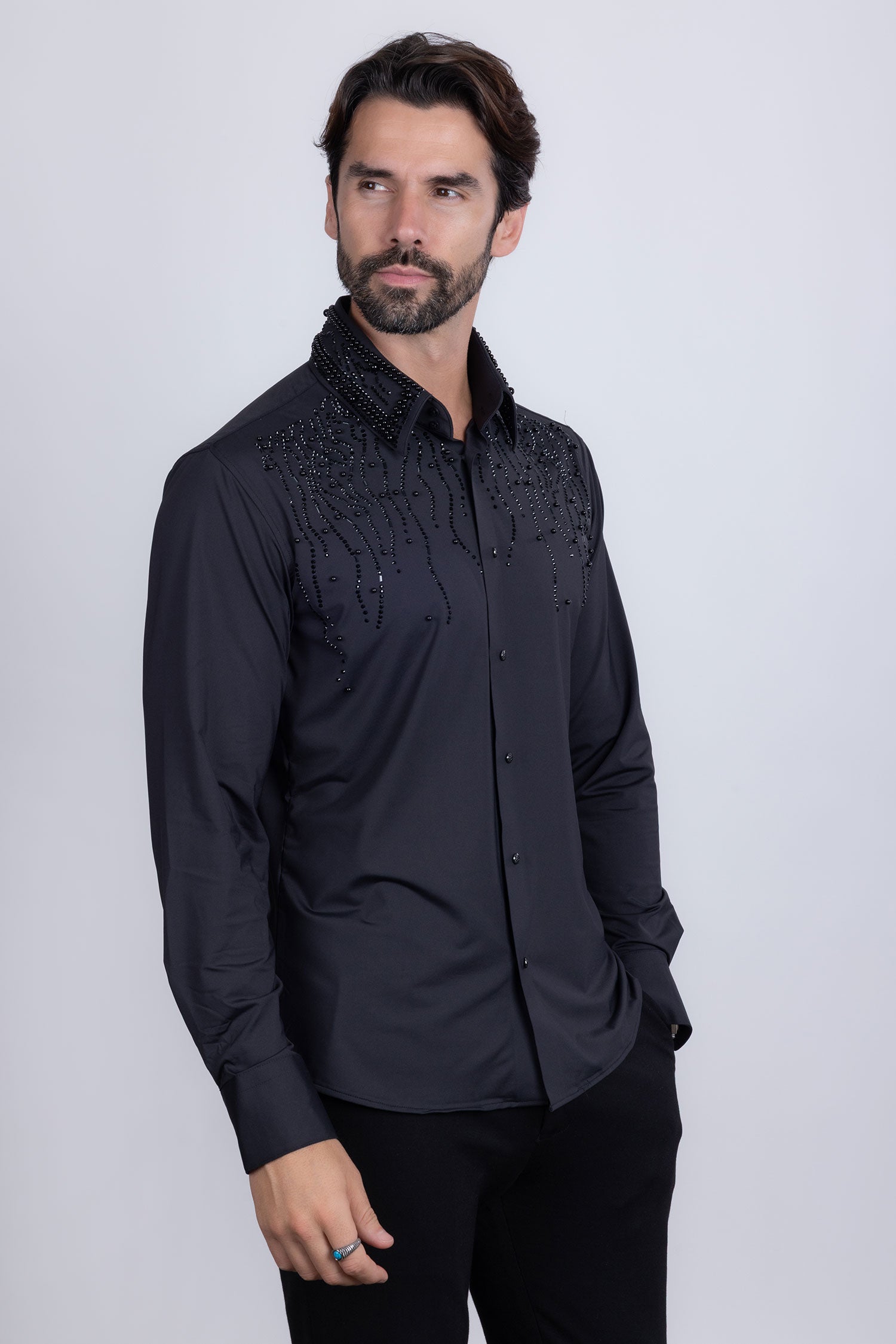 Barabas Men's Rhinestones Geometric Stretch Long Sleeve Shirts 5BR03 Black