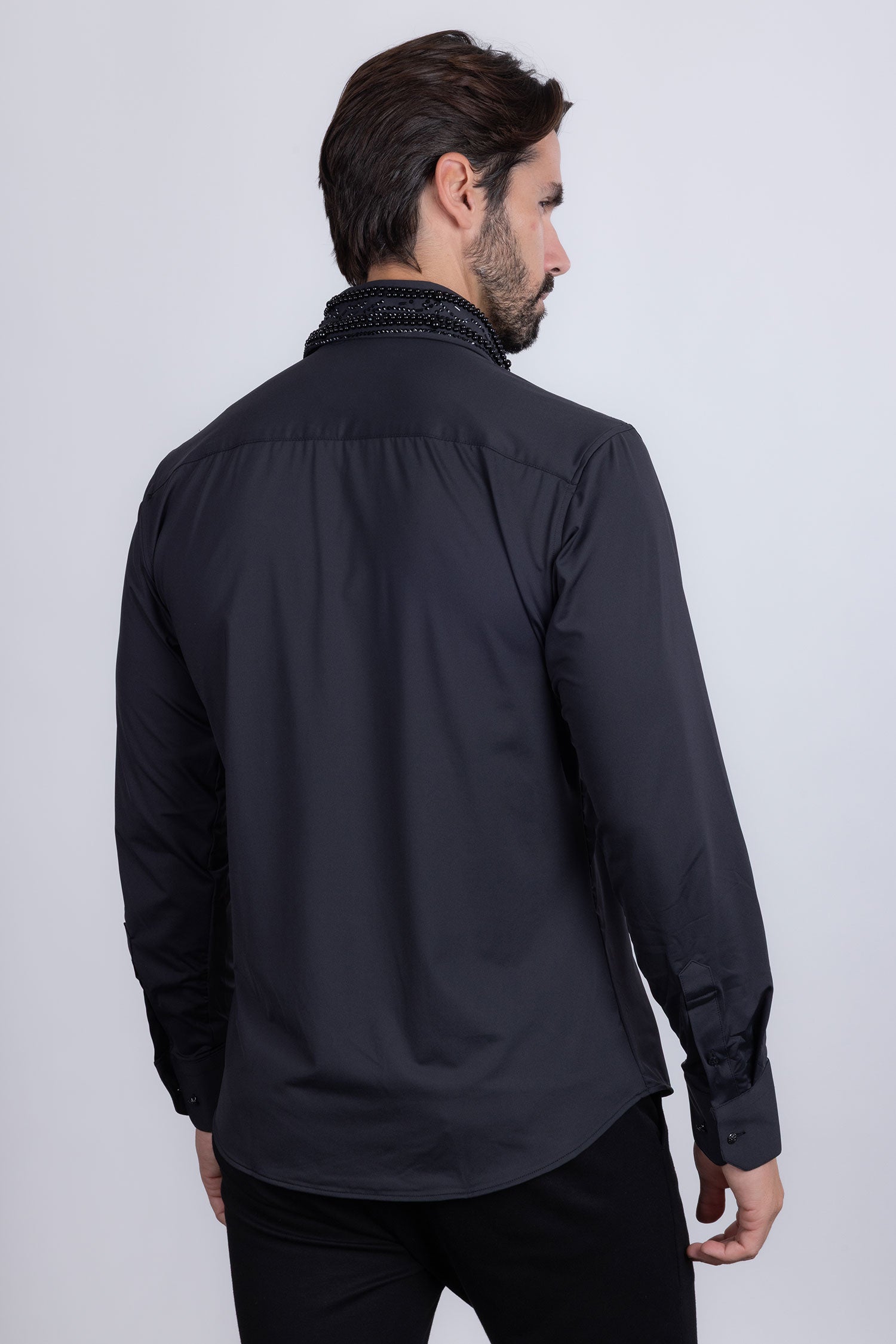 Barabas Men's Rhinestones Geometric Stretch Long Sleeve Shirts 5BR03 Black