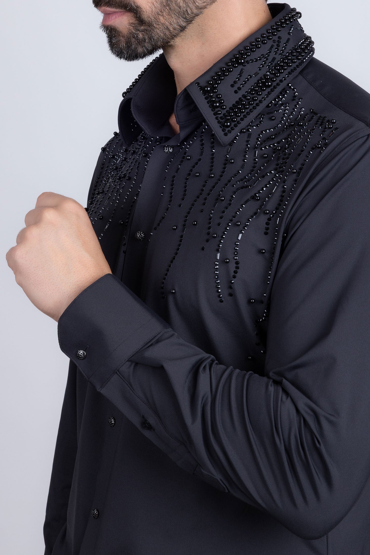 Barabas Men's Rhinestones Geometric Stretch Long Sleeve Shirts 5BR03 Black