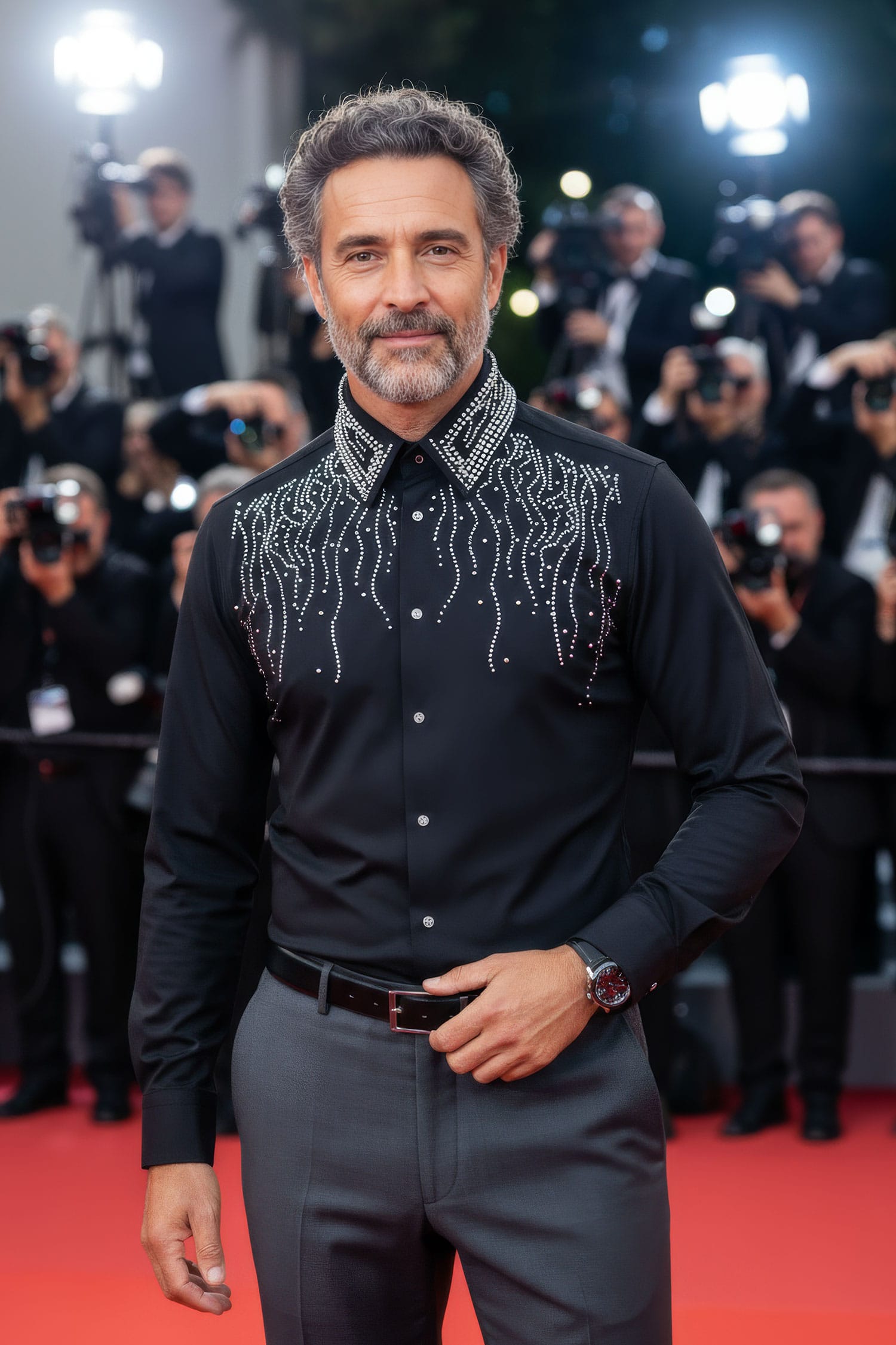 Barabas Men's Rhinestones Geometric Stretch Long Sleeve Shirts 5BR03 Black Silver