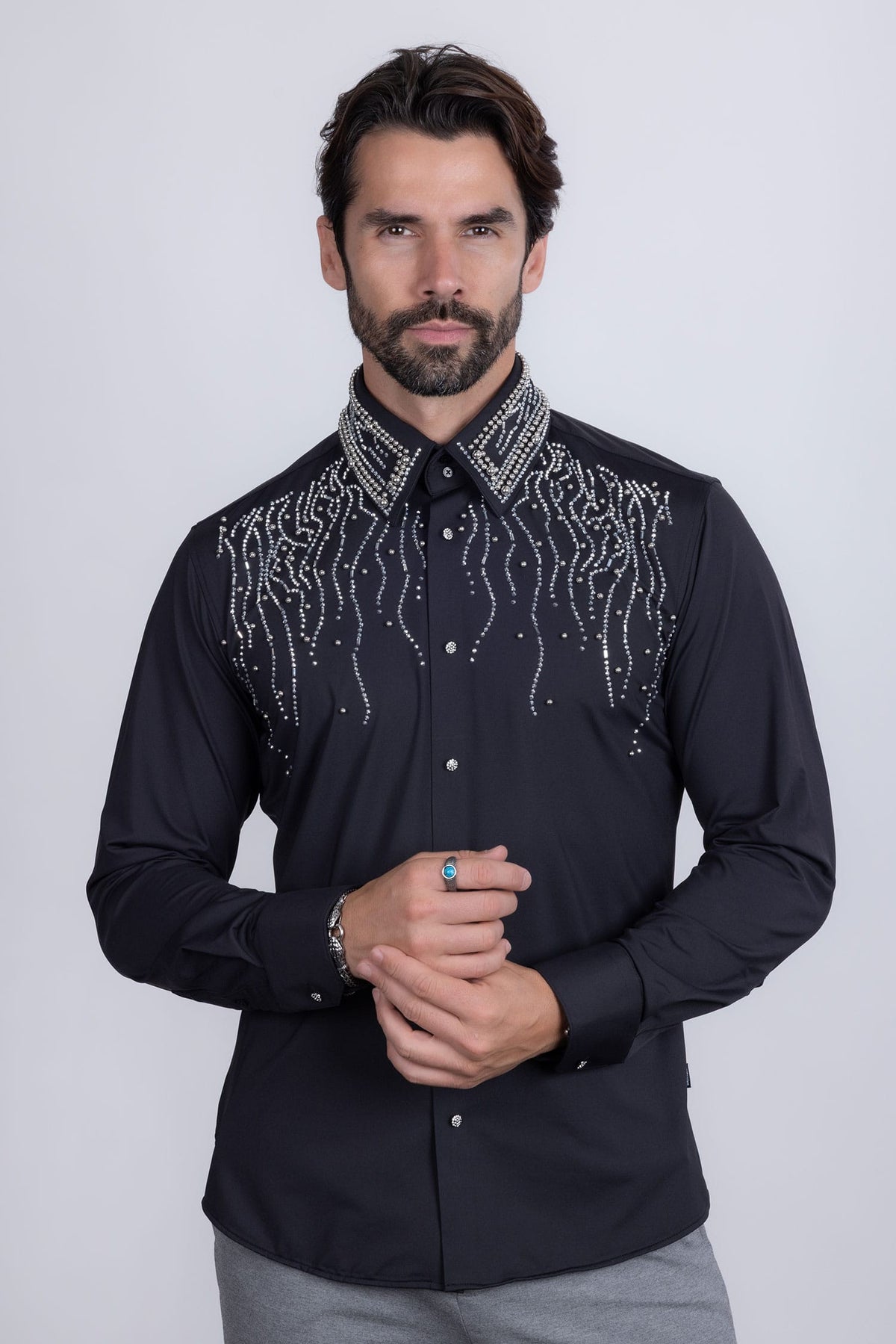 Barabas Men's Rhinestones Geometric Stretch Long Sleeve Shirts 5BR03 Black Silver