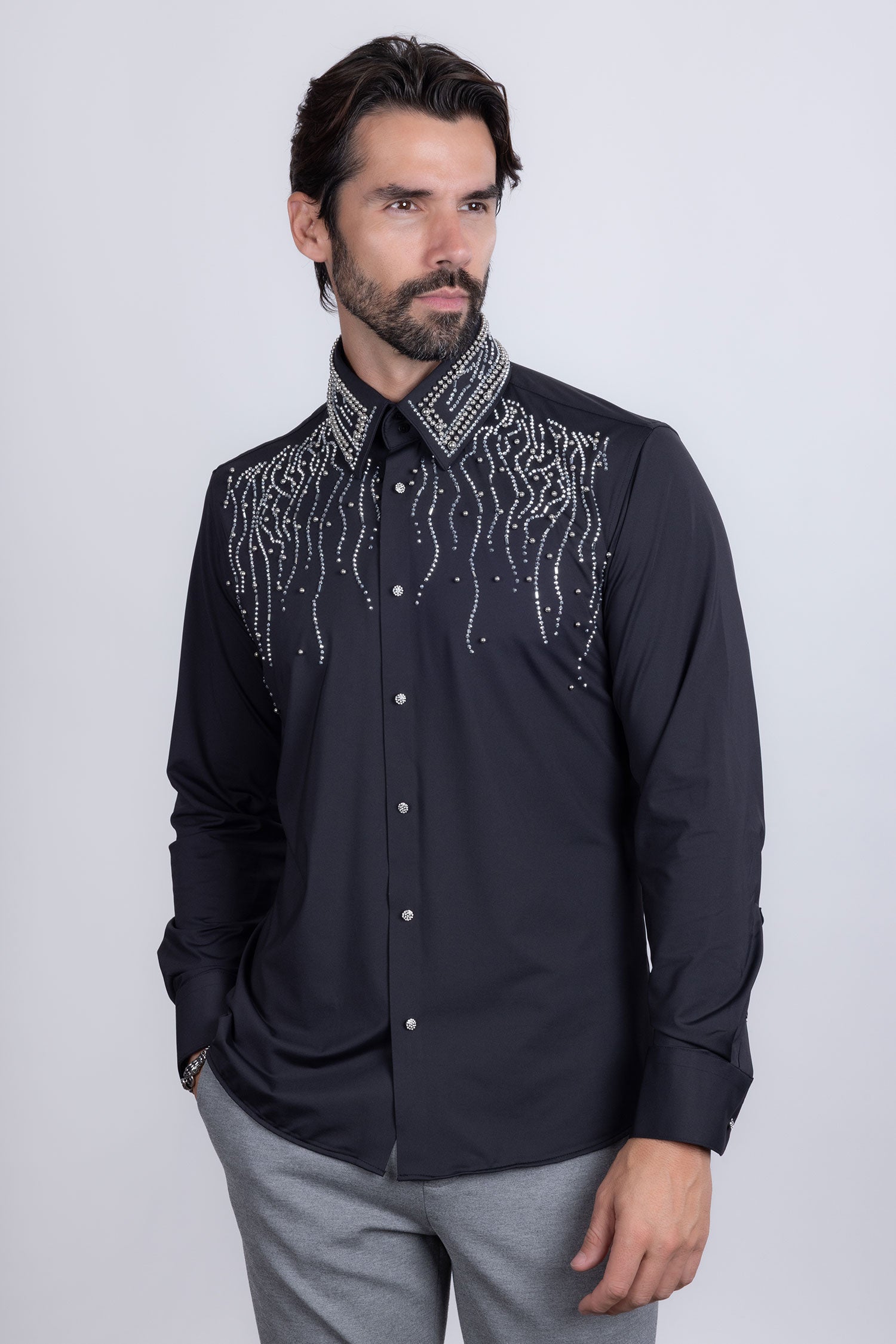 Barabas Men's Rhinestones Geometric Stretch Long Sleeve Shirts 5BR03 Black Silver