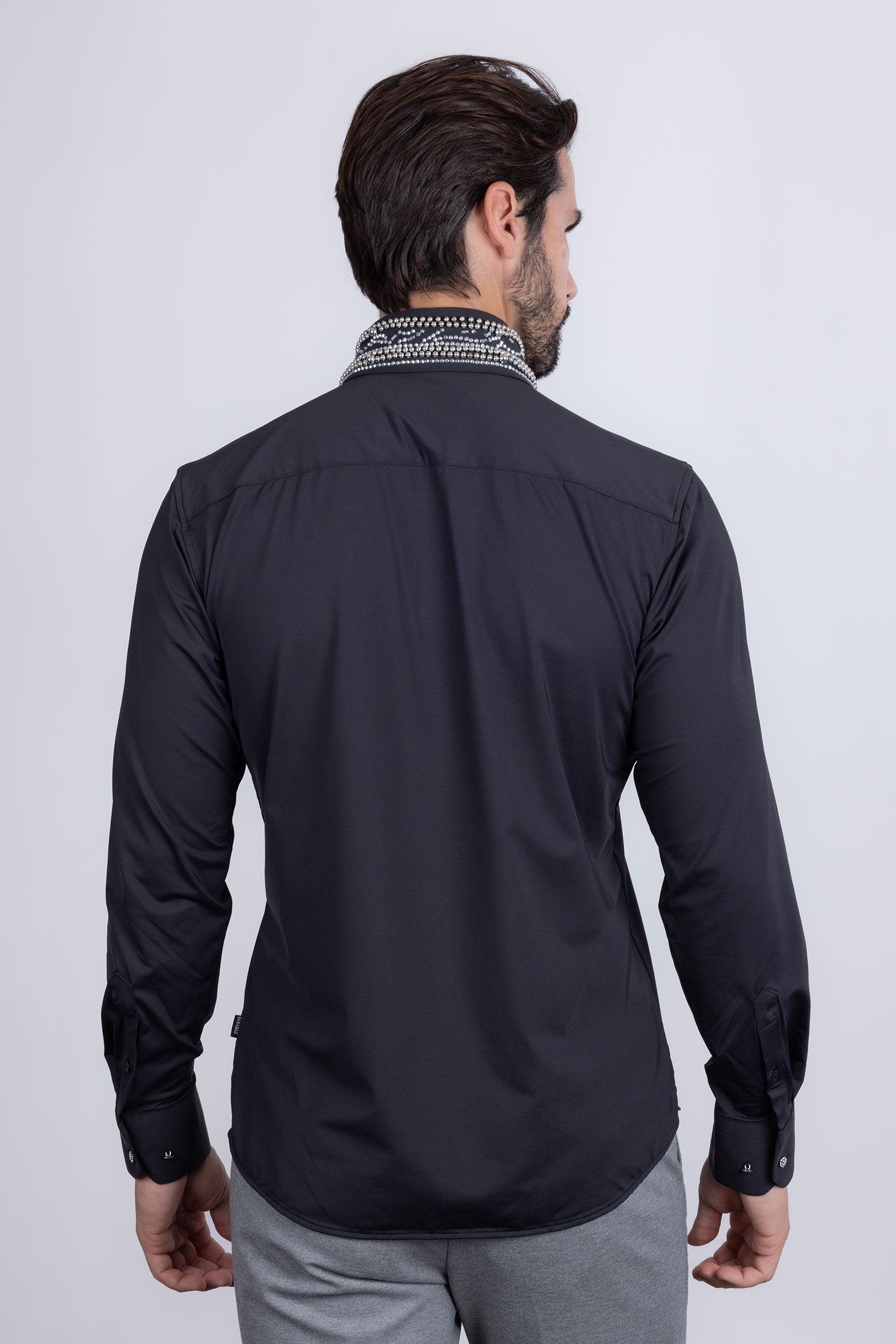 Barabas Men's Rhinestones Geometric Stretch Long Sleeve Shirts 5BR03 Black Silver