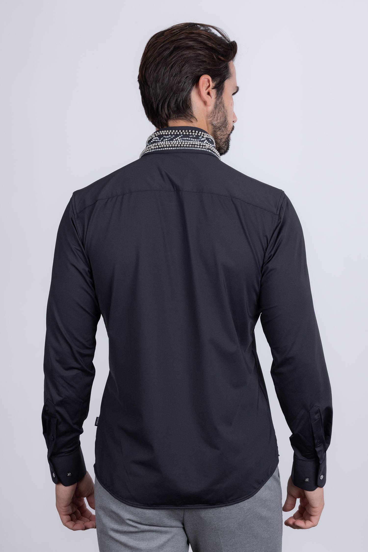 Barabas Men's Rhinestones Geometric Stretch Long Sleeve Shirts 5BR03 Black Silver