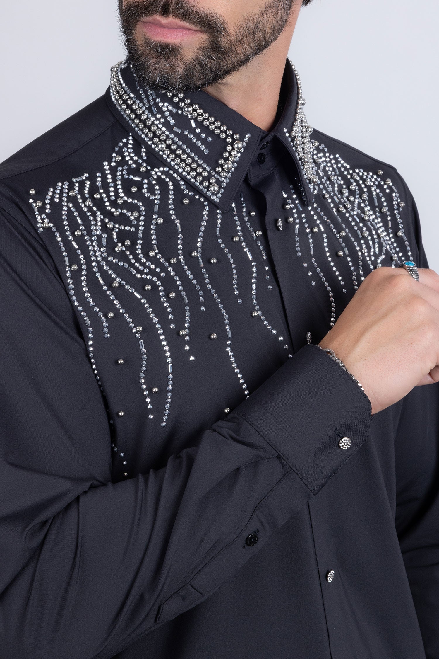 Barabas Men's Rhinestones Geometric Stretch Long Sleeve Shirts 5BR03 Black Silver
