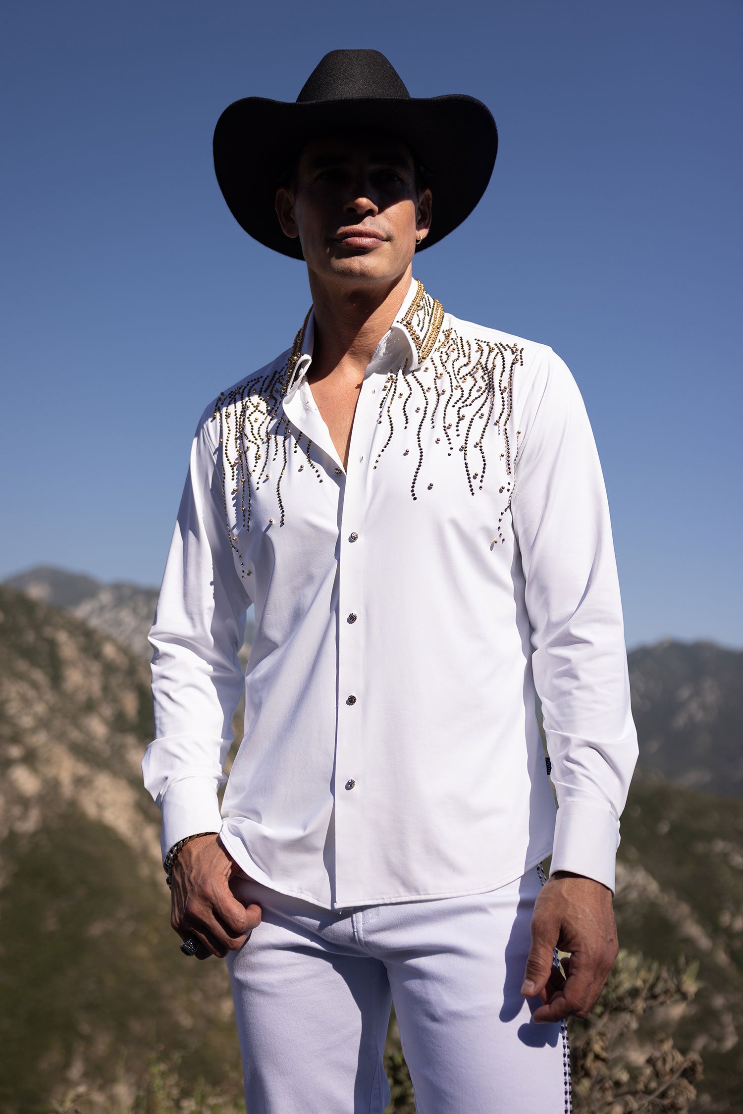 Barabas Men's Rhinestones Geometric Stretch Long Sleeve Shirts 5BR03 White Gold