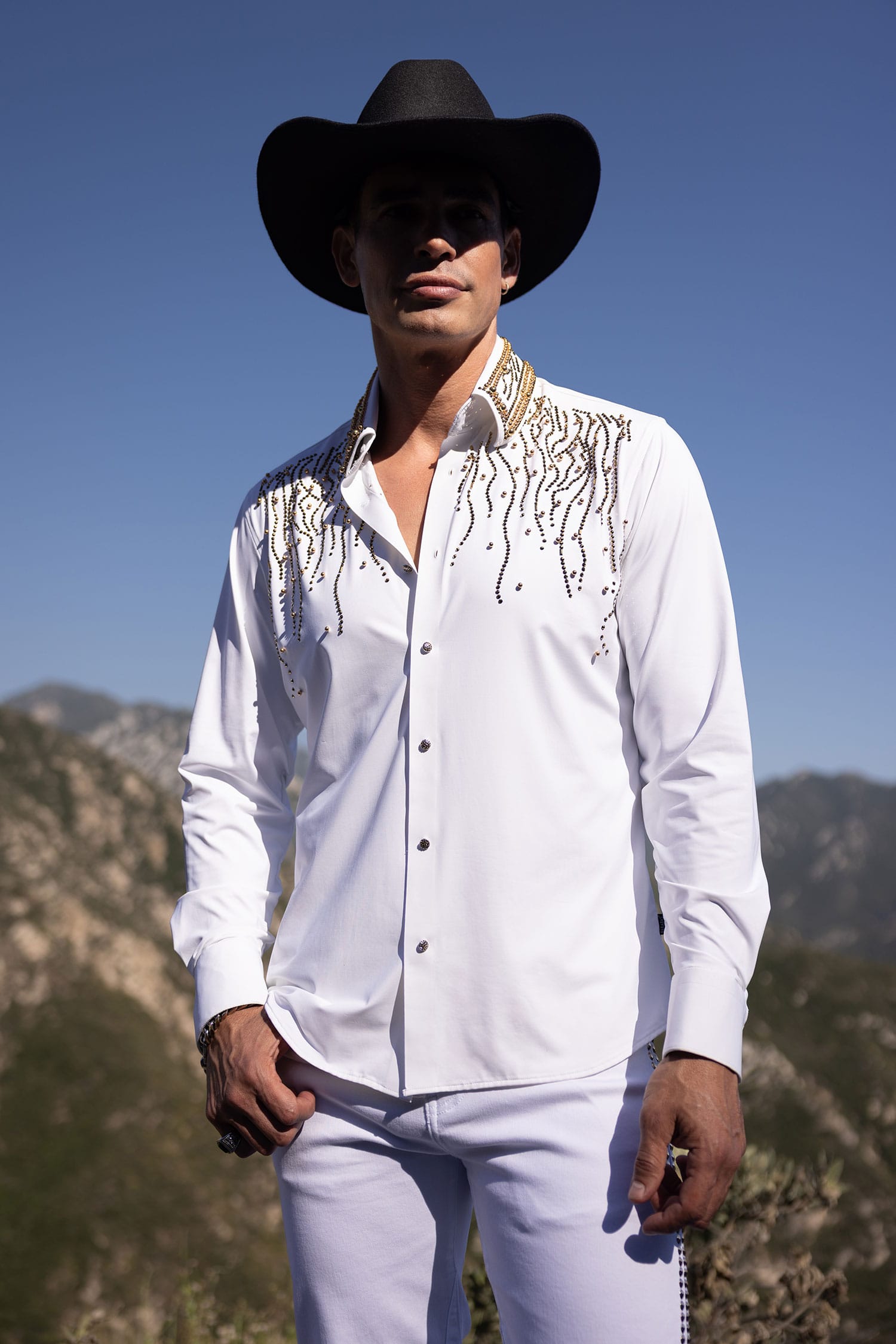 Barabas Men's Rhinestones Geometric Stretch Long Sleeve Shirts 5BR03 White Gold