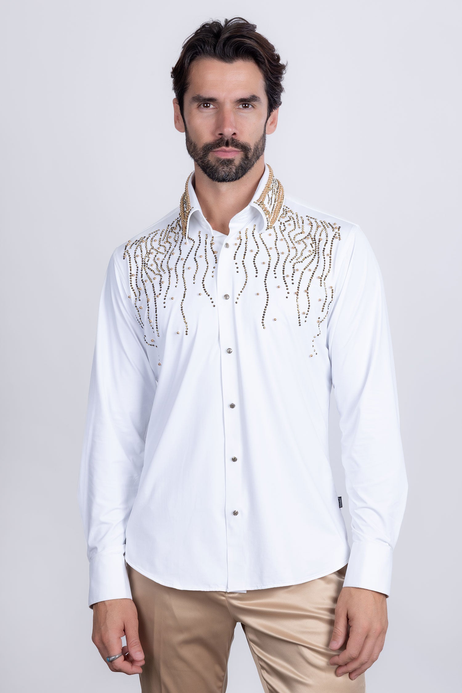 Barabas Men's Rhinestones Geometric Stretch Long Sleeve Shirts 5BR03 White Gold