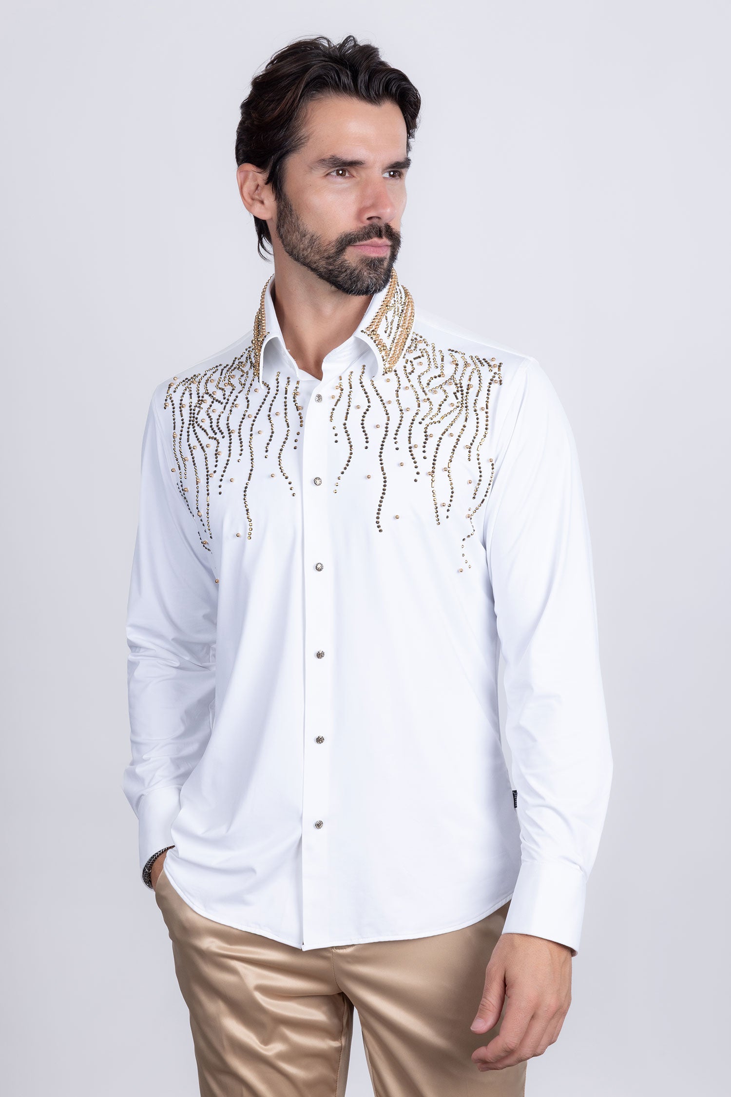 Barabas Men's Rhinestones Geometric Stretch Long Sleeve Shirts 5BR03 White Gold
