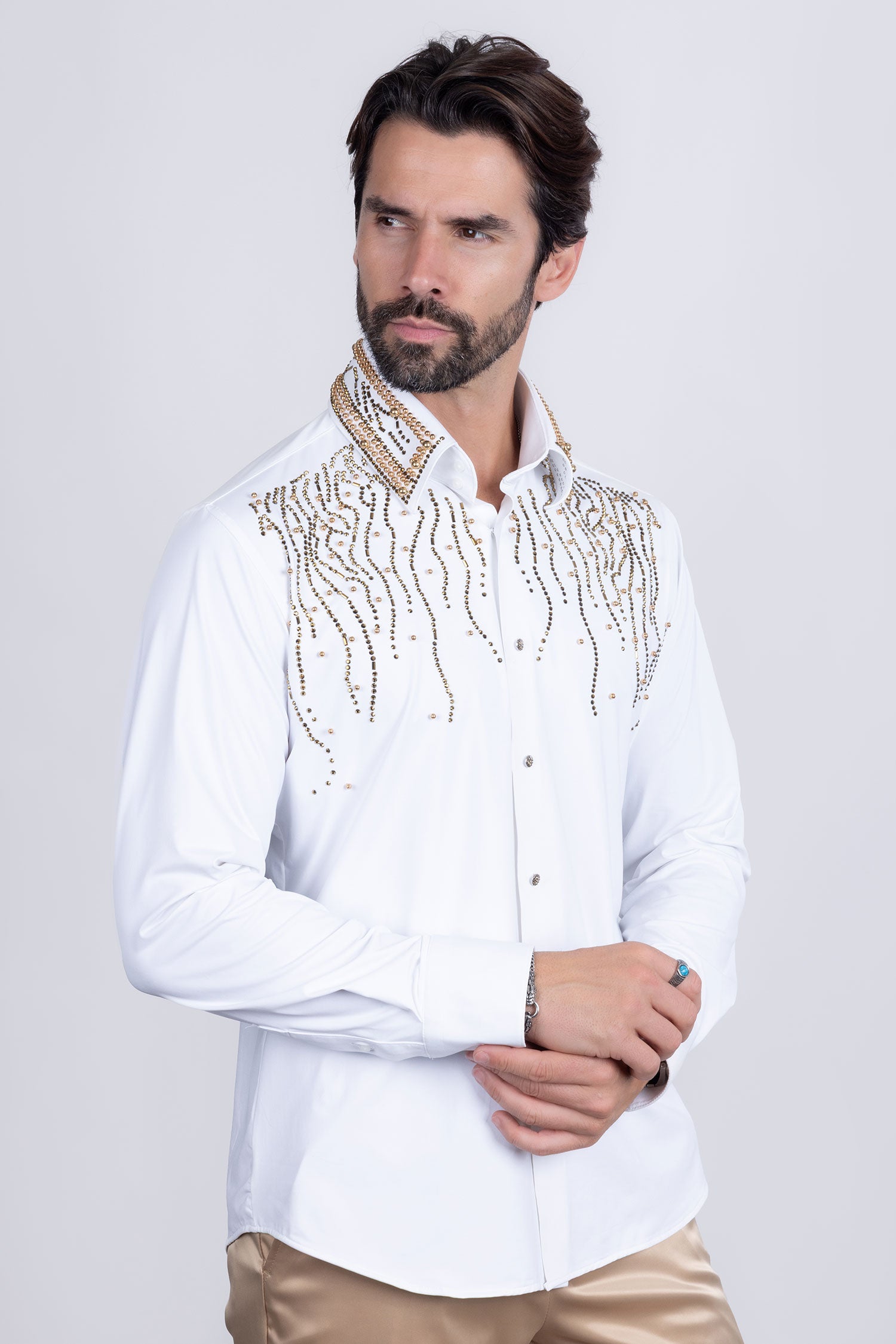 Barabas Men's Rhinestones Geometric Stretch Long Sleeve Shirts 5BR03 White Gold