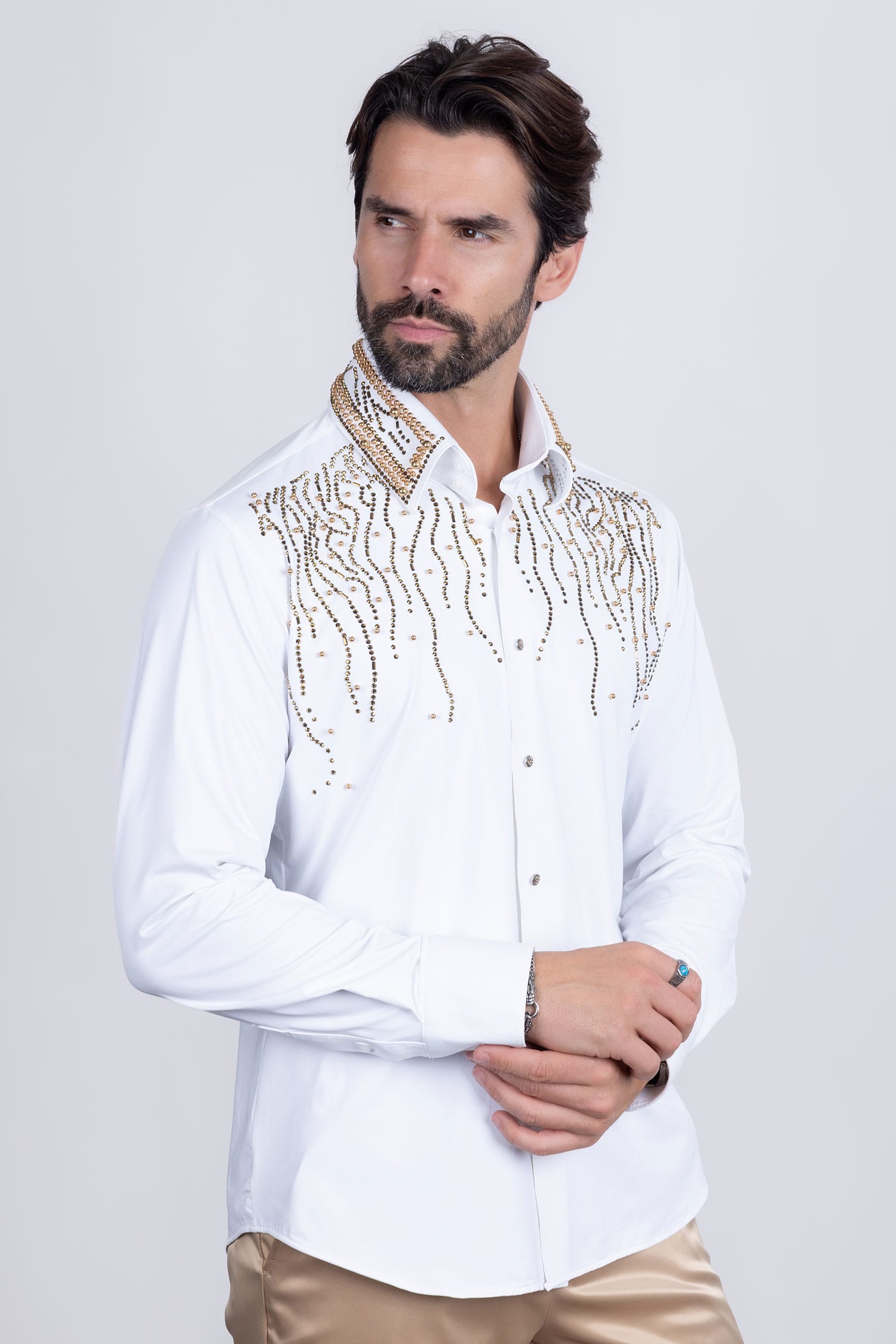 Barabas Men's Rhinestones Geometric Stretch Long Sleeve Shirts 5BR03 White Gold