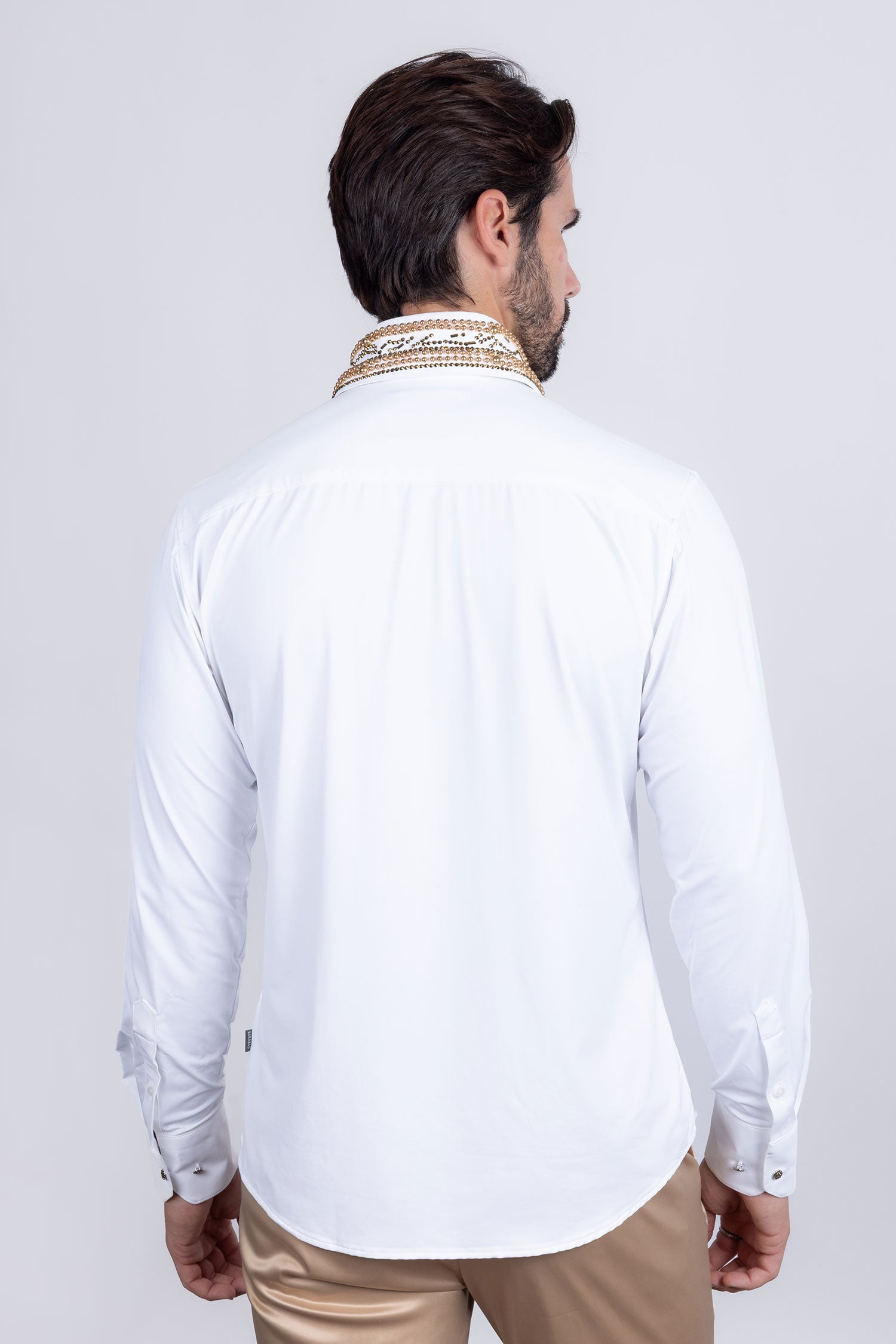 Barabas Men's Rhinestones Geometric Stretch Long Sleeve Shirts 5BR03 White Gold