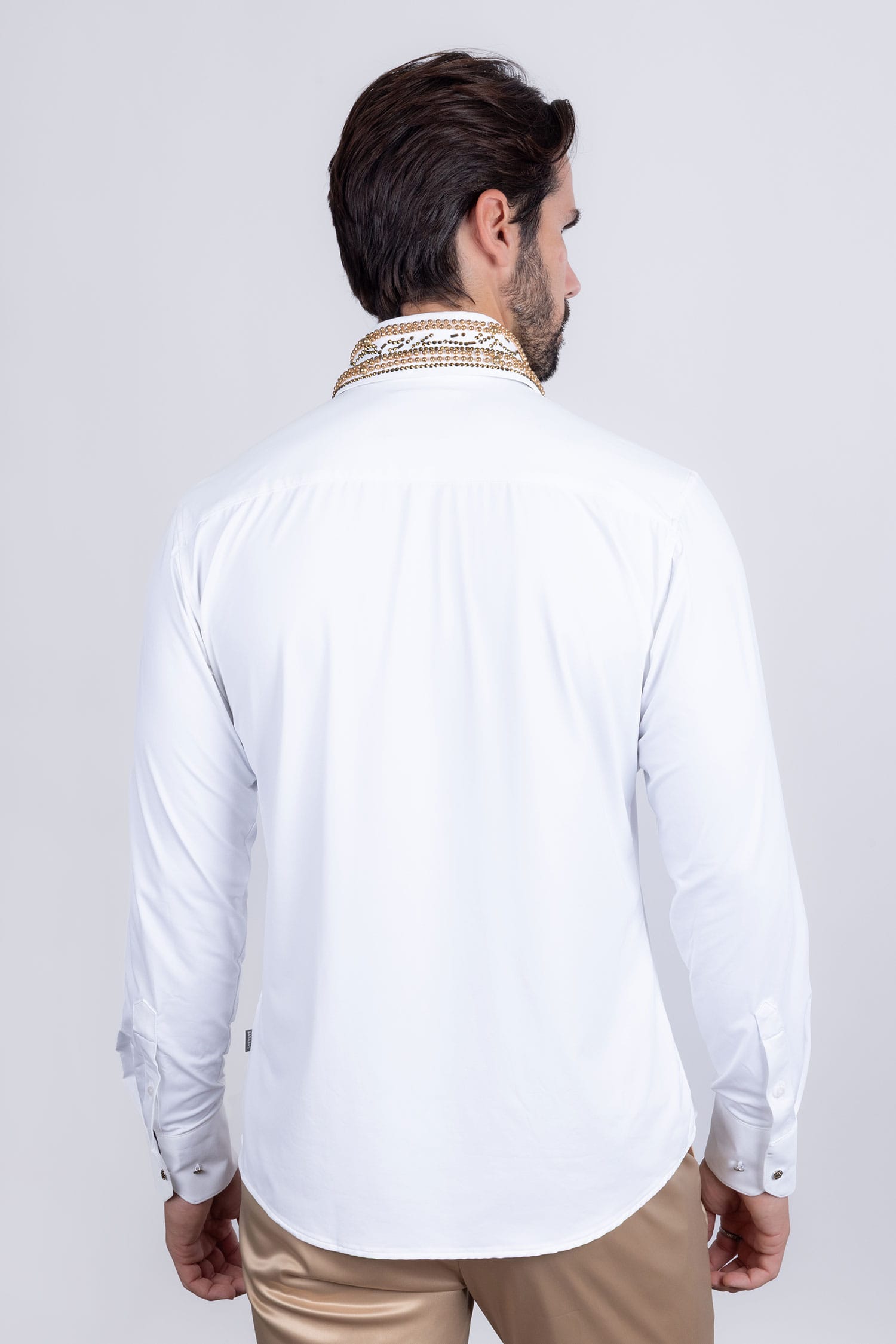 Barabas Men's Rhinestones Geometric Stretch Long Sleeve Shirts 5BR03 White Gold