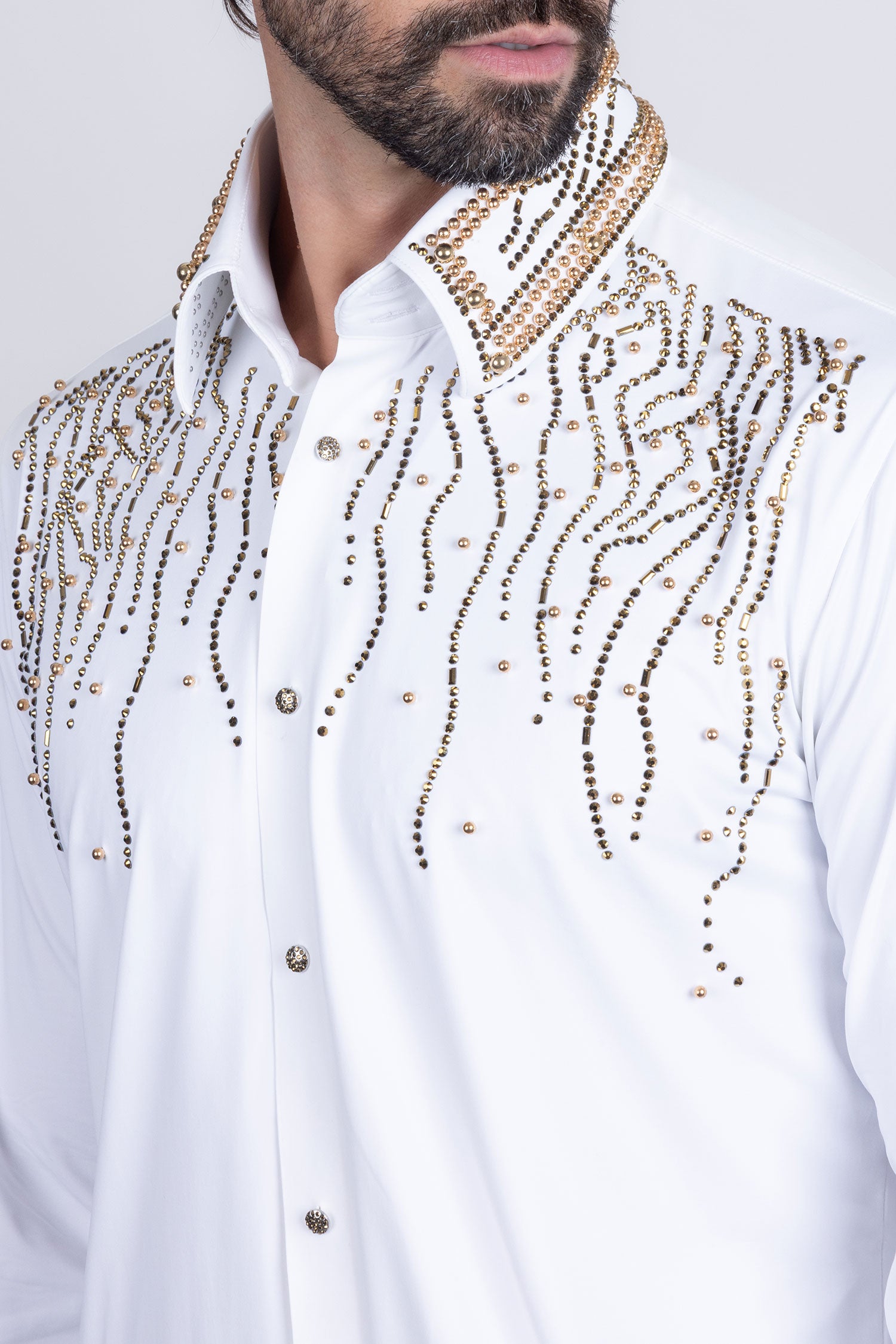 Barabas Men's Rhinestones Geometric Stretch Long Sleeve Shirts 5BR03 White Gold
