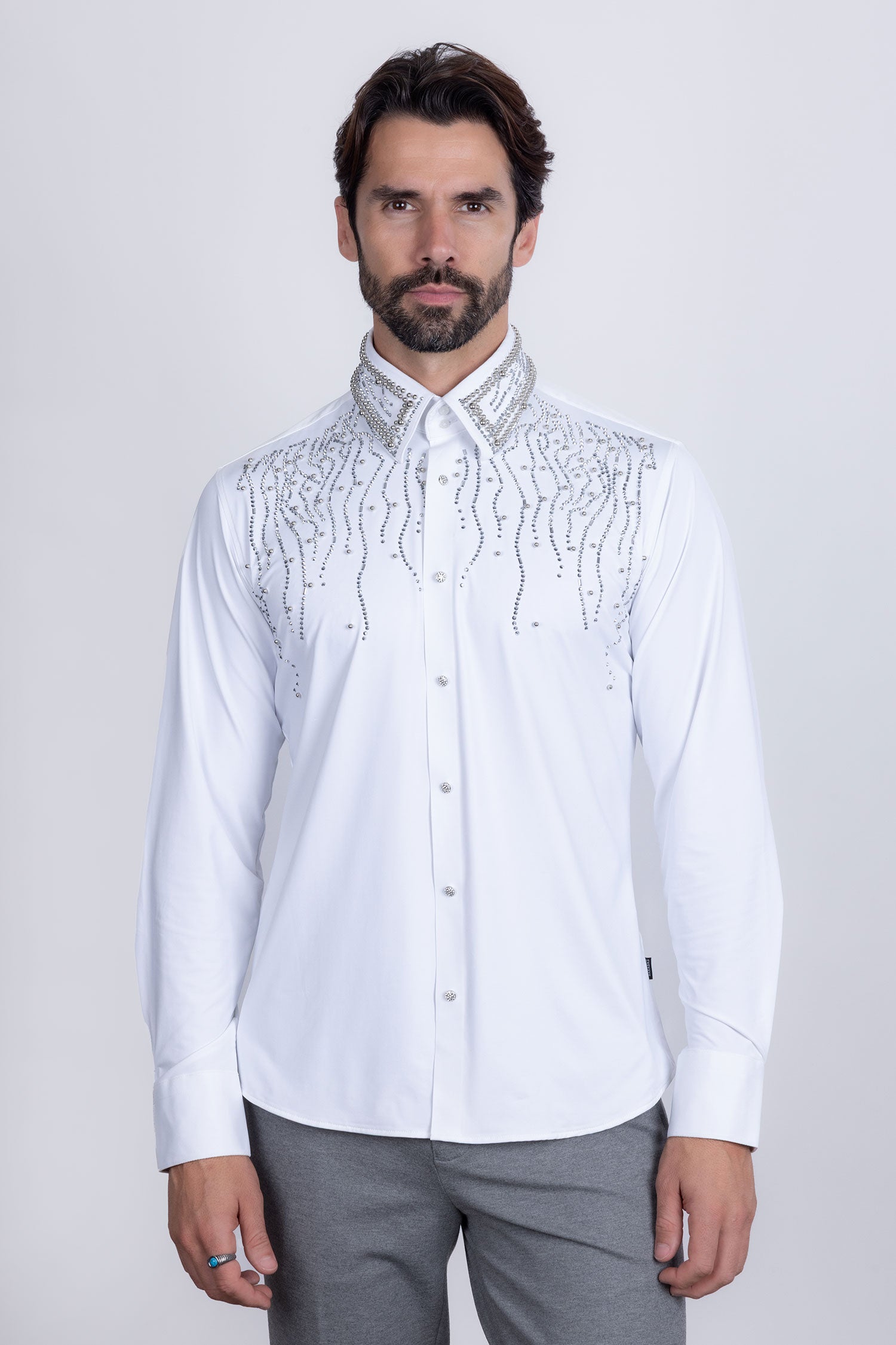 Barabas Men's Rhinestones Geometric Stretch Long Sleeve Shirts 5BR03 White
