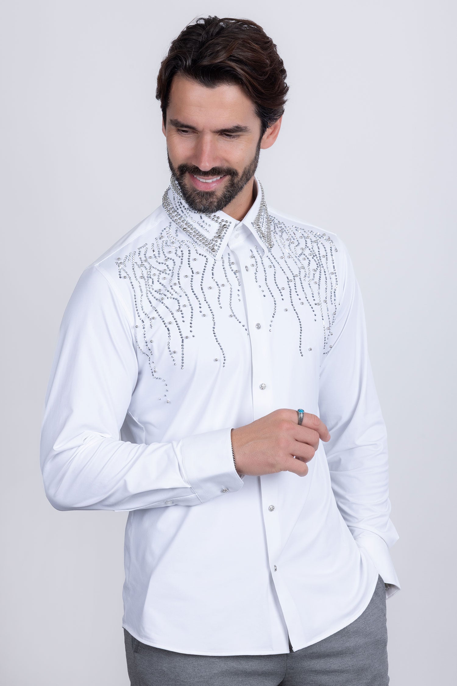 Barabas Men's Rhinestones Geometric Stretch Long Sleeve Shirts 5BR03 White