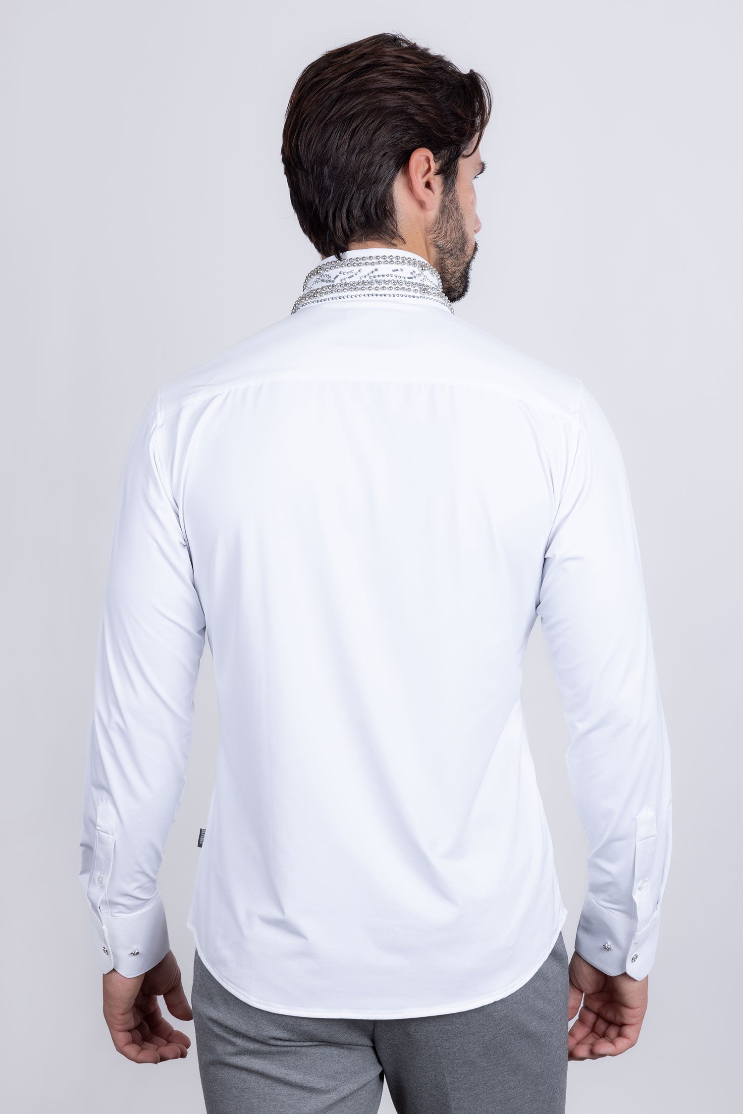 Barabas Men's Rhinestones Geometric Stretch Long Sleeve Shirts 5BR03 White