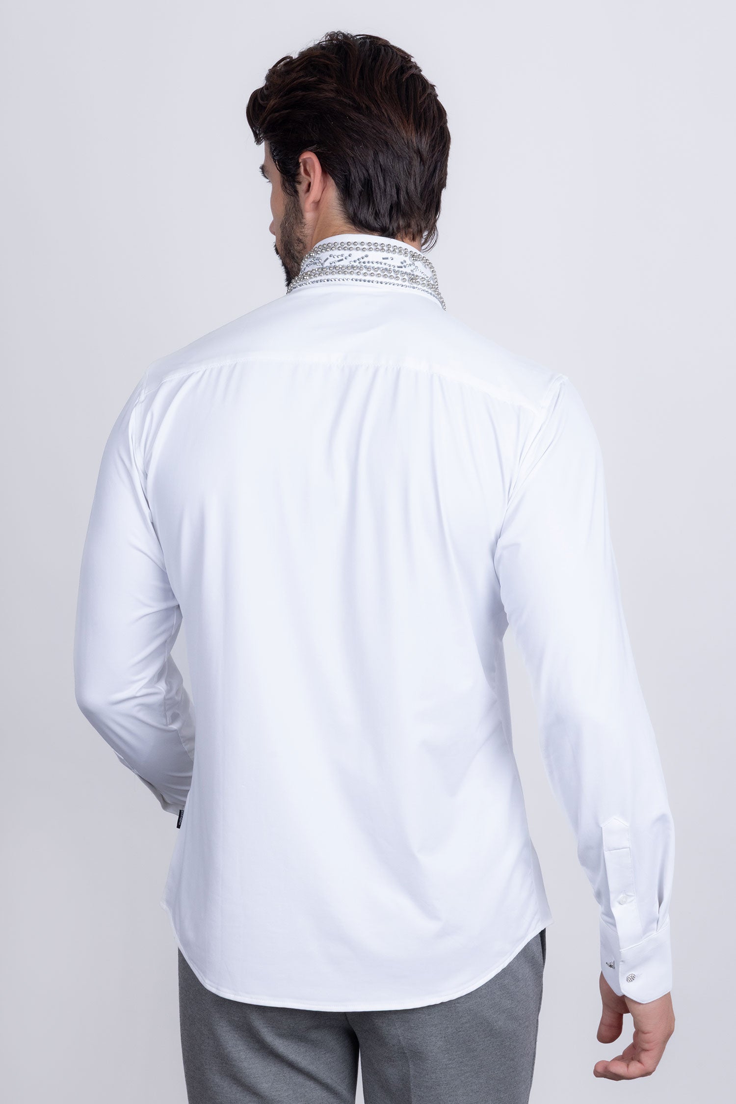 Barabas Men's Rhinestones Geometric Stretch Long Sleeve Shirts 5BR03 White