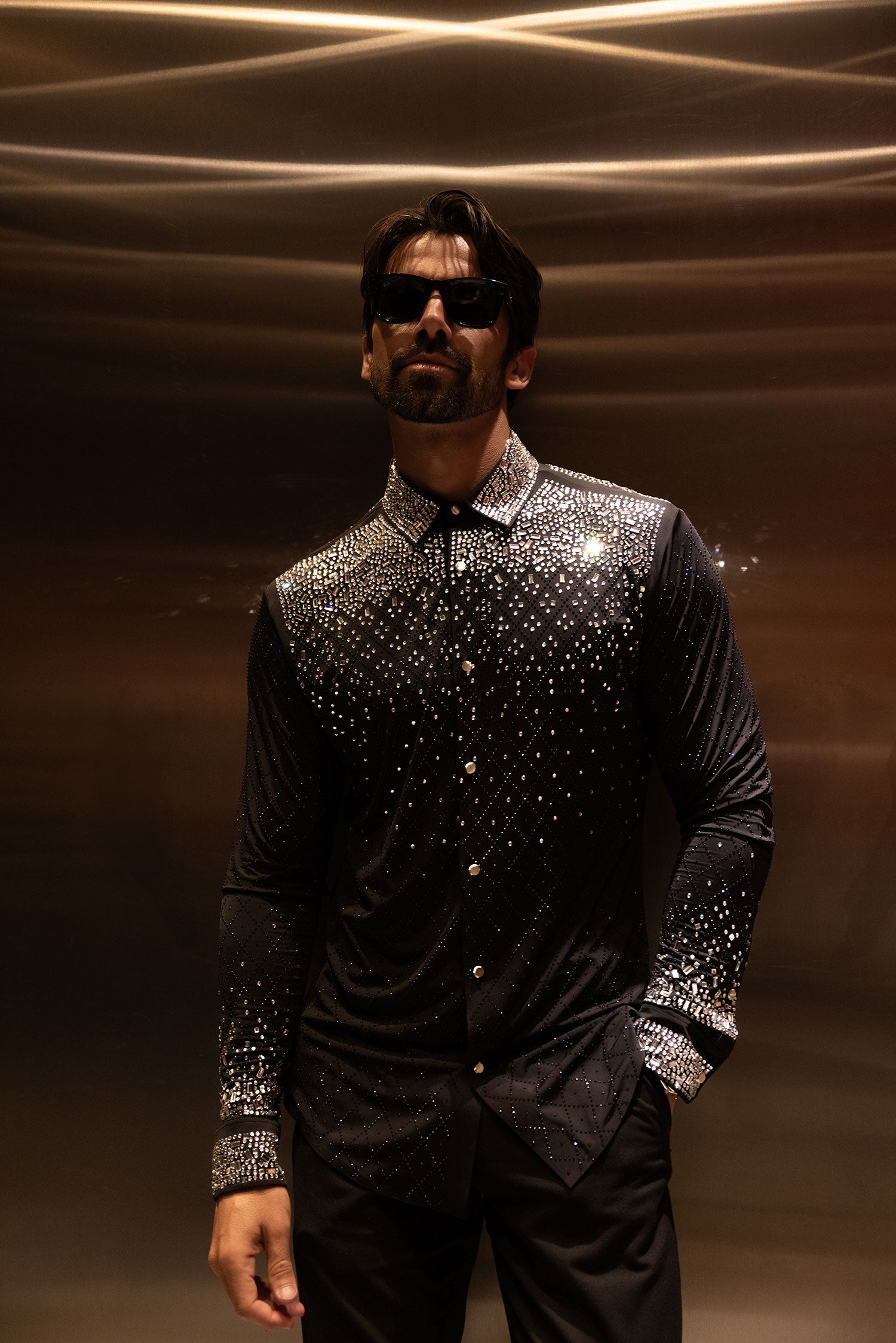 Barabas Men's Rhinestones Geometric Stretch Long Sleeve Shirts 5BR20 Black