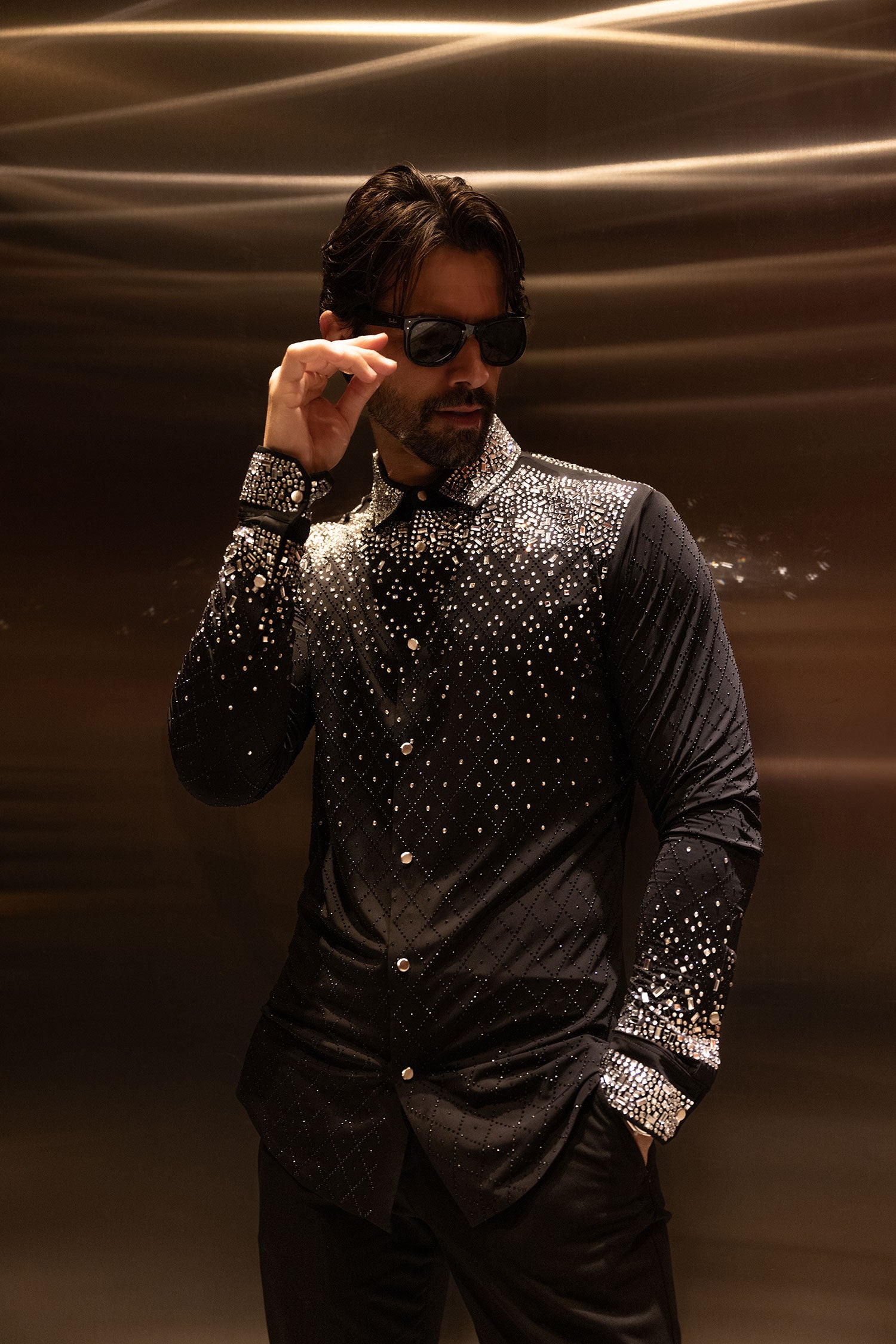 Barabas Men's Rhinestones Geometric Stretch Long Sleeve Shirts 5BR20 Black