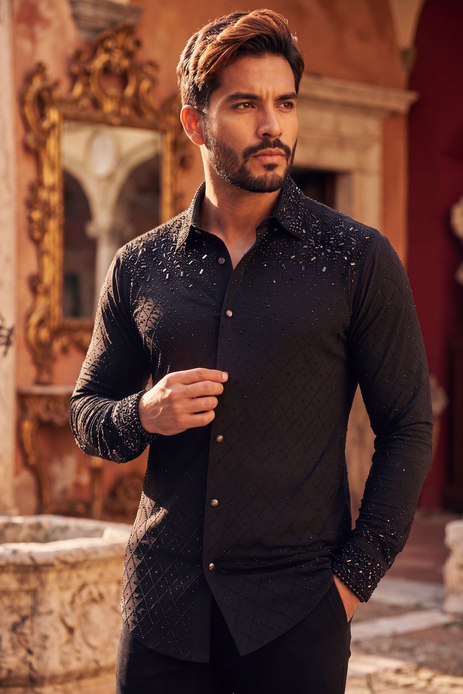 Barabas Men's Rhinestones Geometric Stretch Long Sleeve Shirts 5BR20 Black