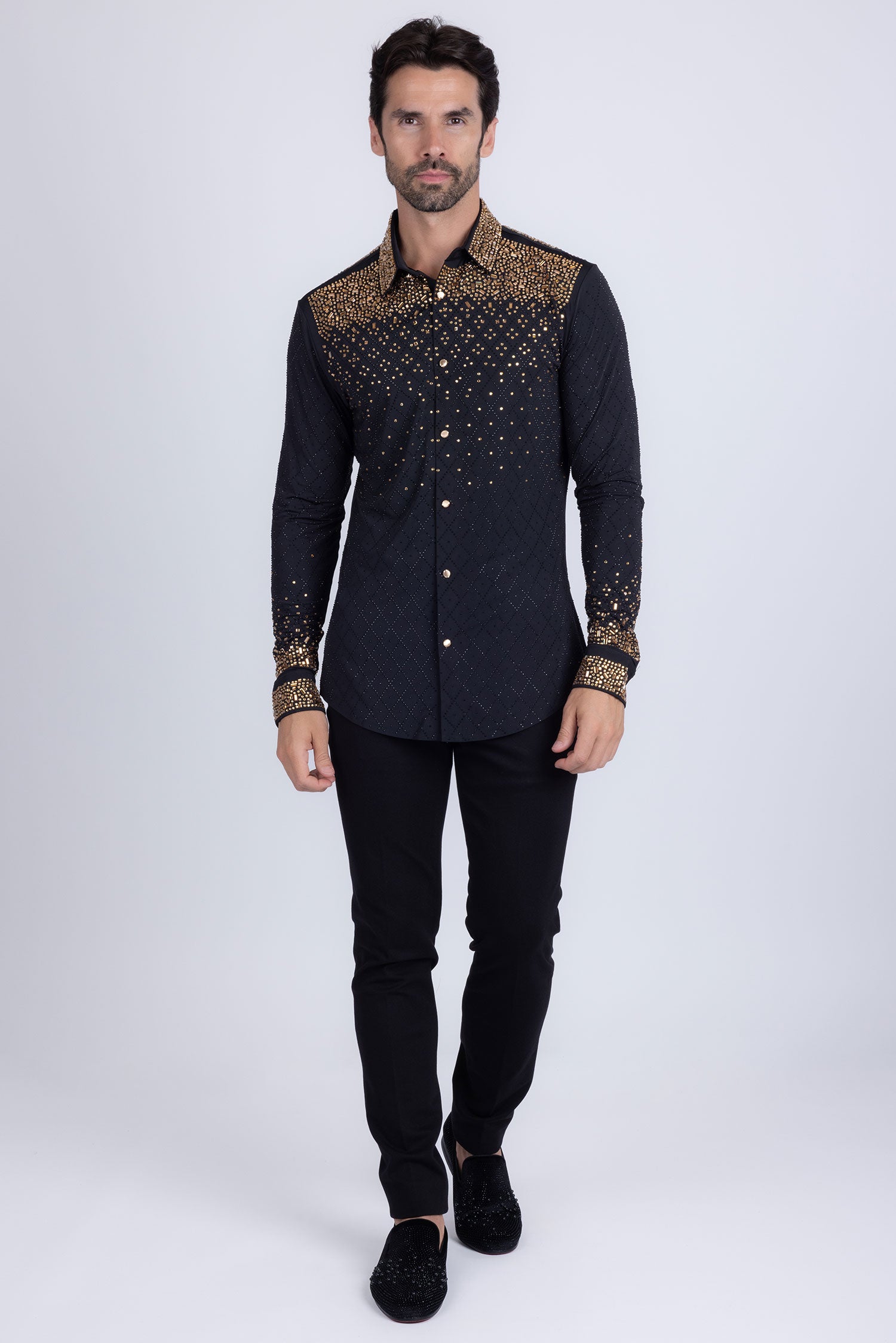 Barabas Men's Rhinestones Geometric Stretch Long Sleeve Shirts 5BR20 Black Gold