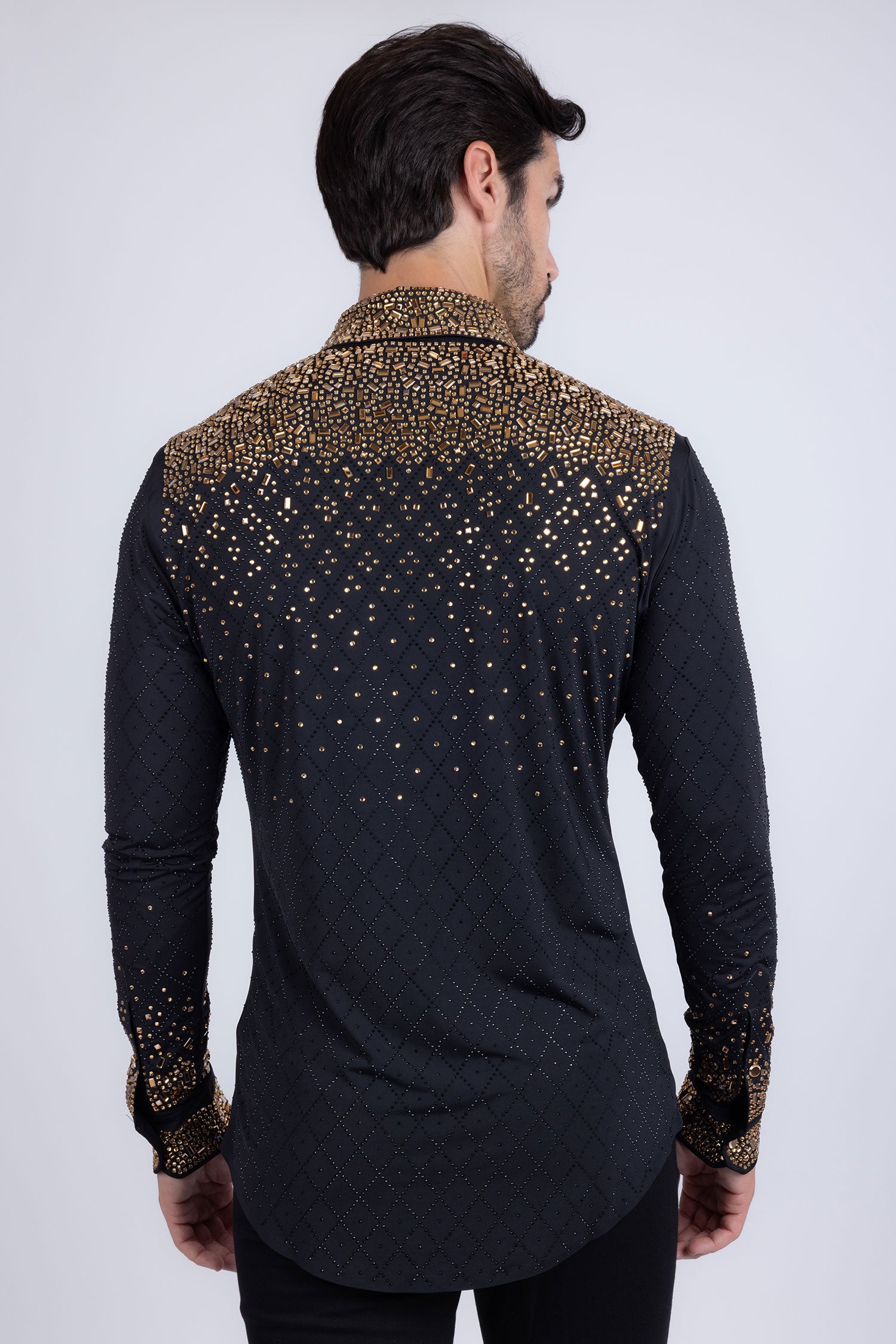 Barabas Men's Rhinestones Geometric Stretch Long Sleeve Shirts 5BR20 Black Gold