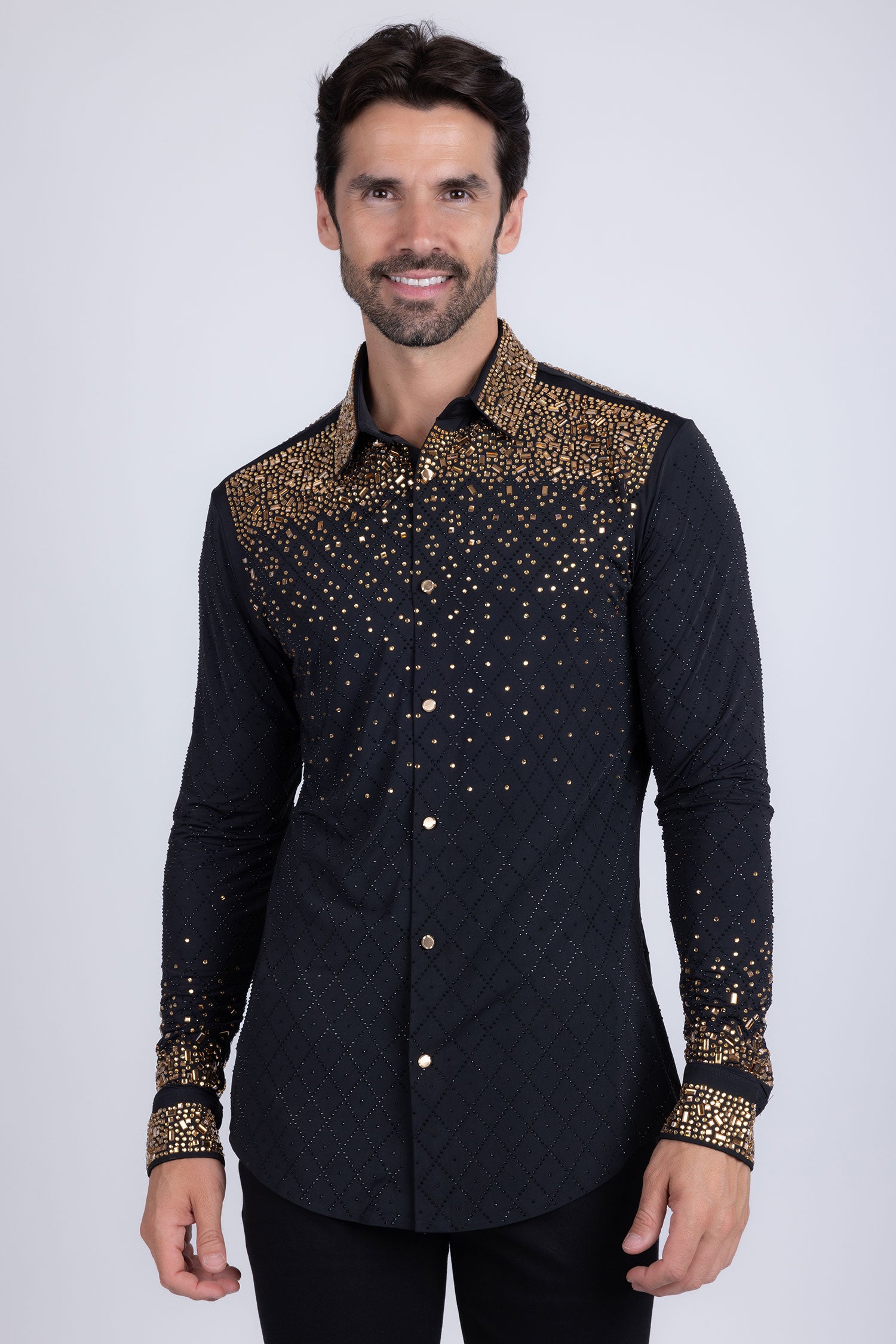 Barabas Men's Rhinestones Geometric Stretch Long Sleeve Shirts 5BR20 Black