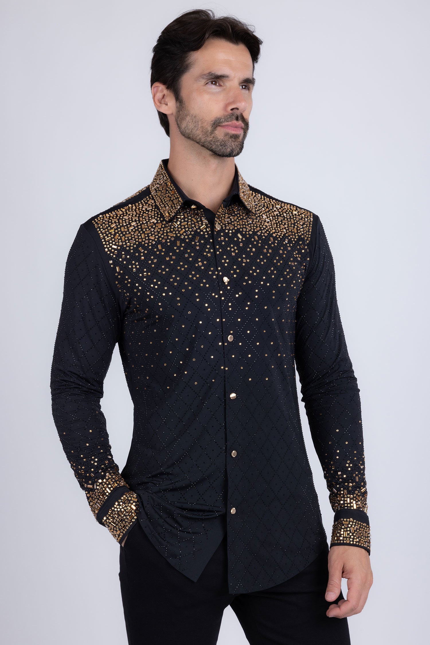 Barabas Men's Rhinestones Geometric Stretch Long Sleeve Shirts 5BR20 Black Gold