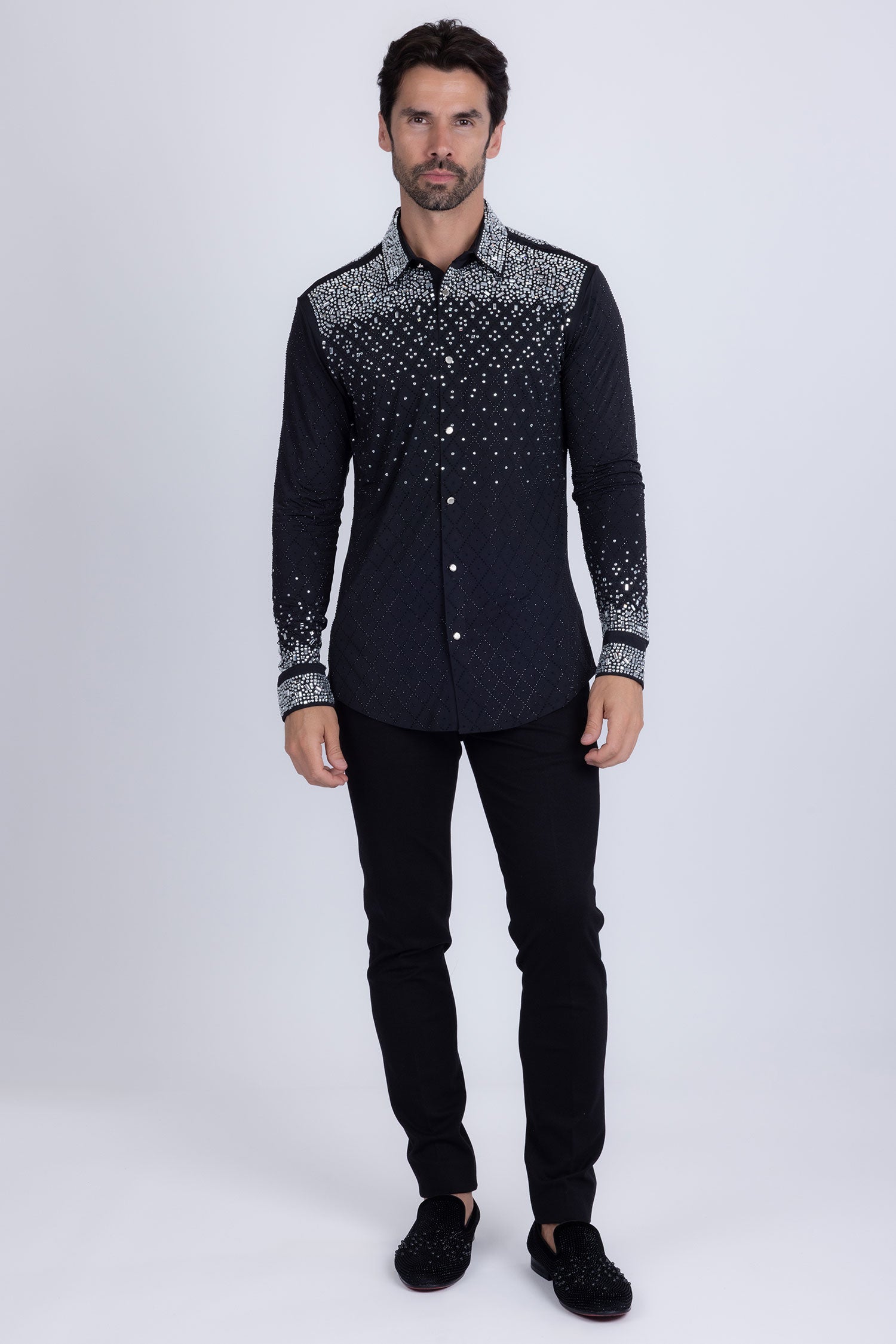 Barabas Men's Rhinestones Geometric Stretch Long Sleeve Shirts 5BR20 Black