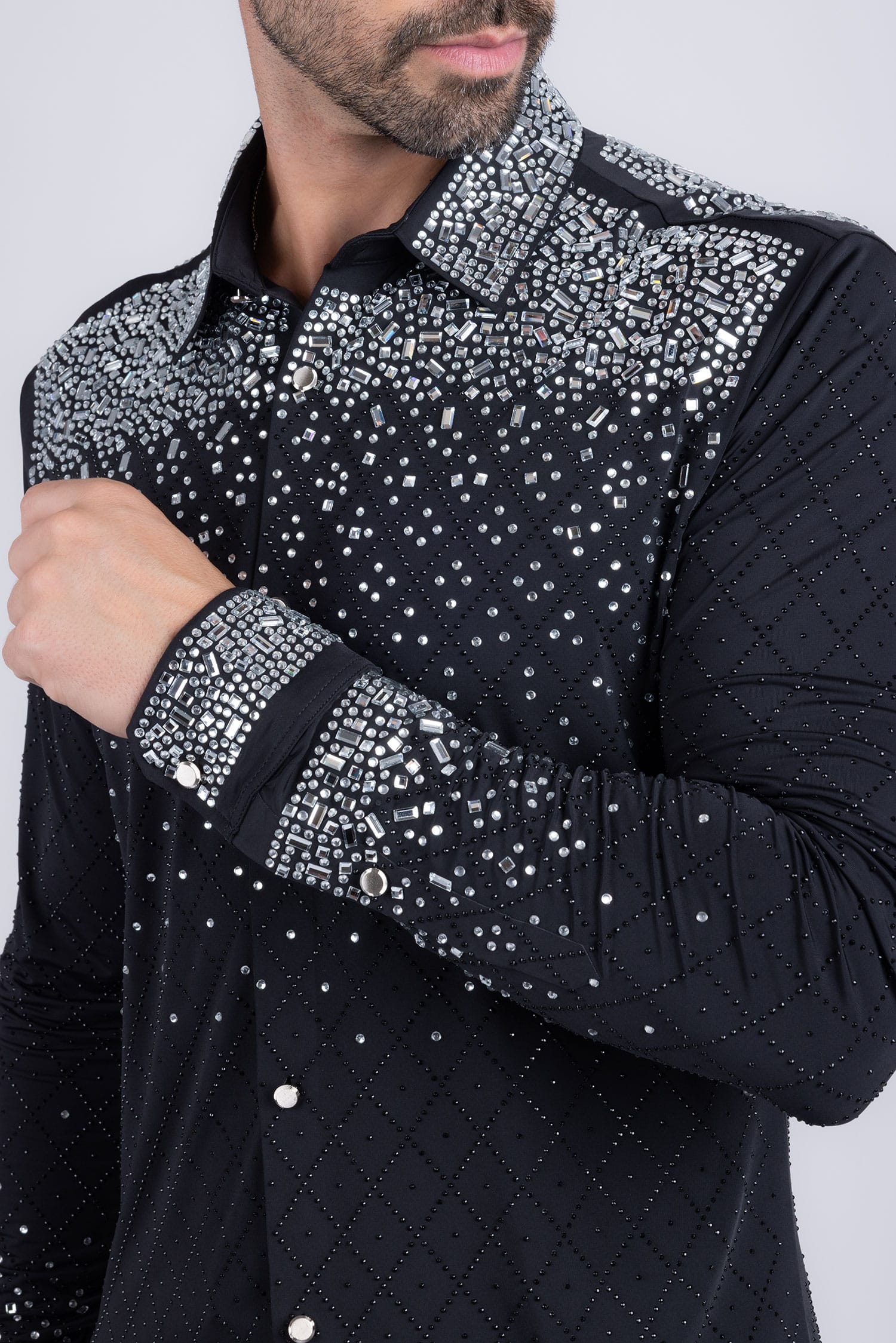 Barabas Men's Rhinestones Geometric Stretch Long Sleeve Shirts 5BR20 Black Silver