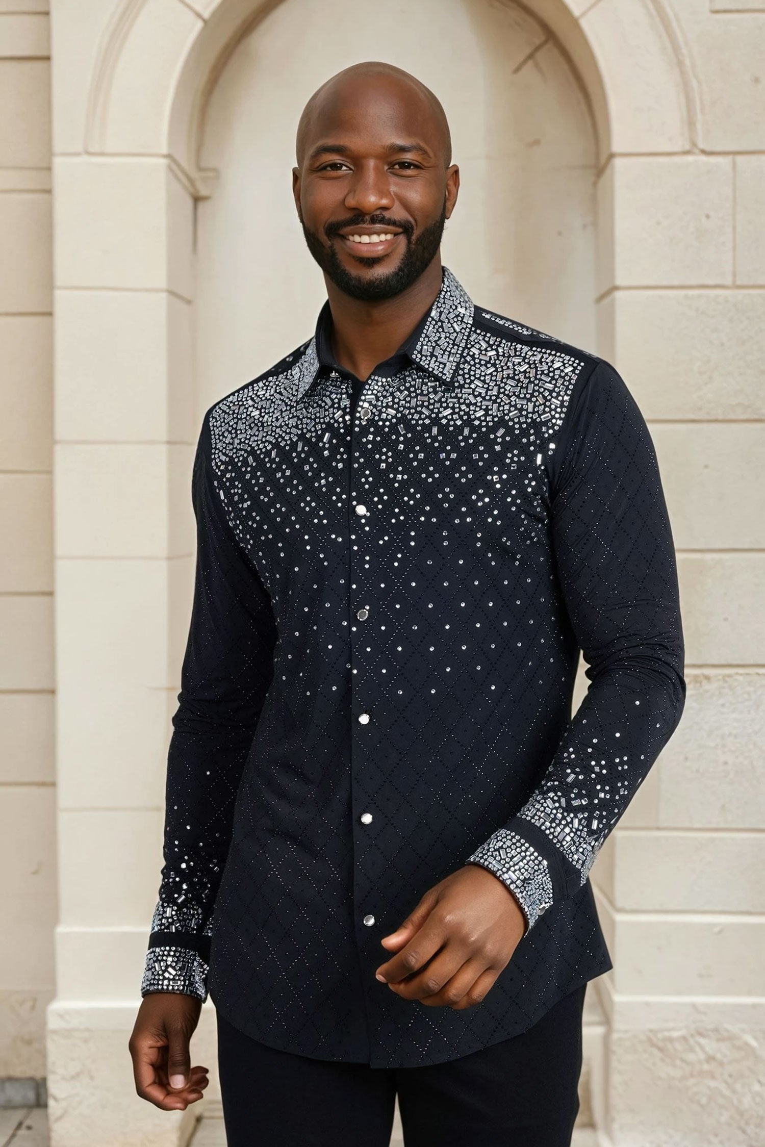 Barabas Men's Rhinestones Geometric Stretch Long Sleeve Shirts 5BR20 Black Silver