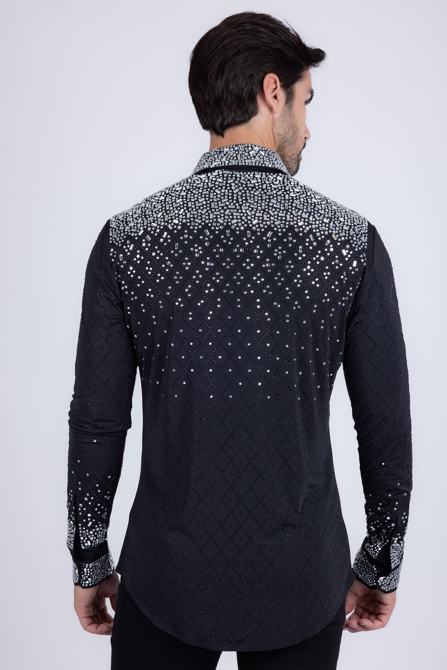 Barabas Men's Rhinestones Geometric Stretch Long Sleeve Shirts 5BR20 Black Silver