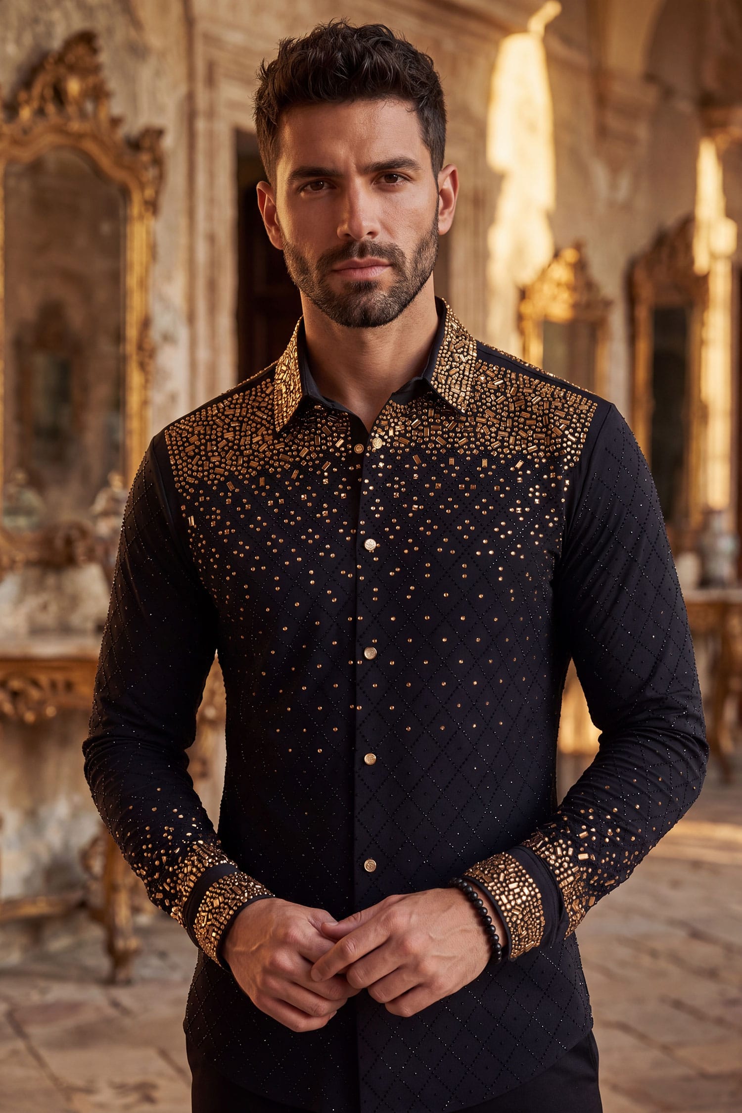 Barabas Men's Rhinestones Geometric Stretch Long Sleeve Shirts 5BR20 Black Gold