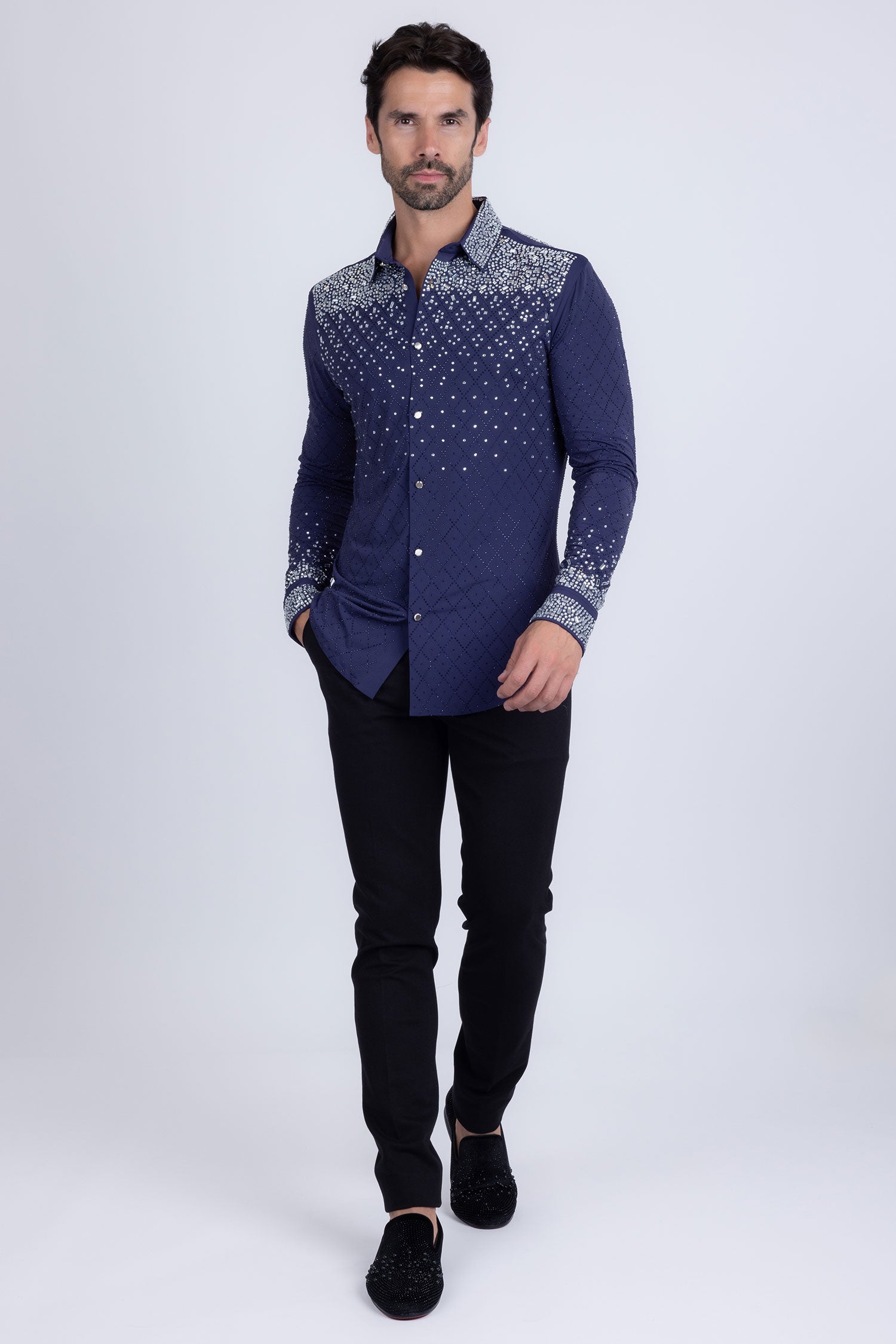 Barabas Men's Rhinestones Geometric Stretch Long Sleeve Shirts 5BR20 Navy