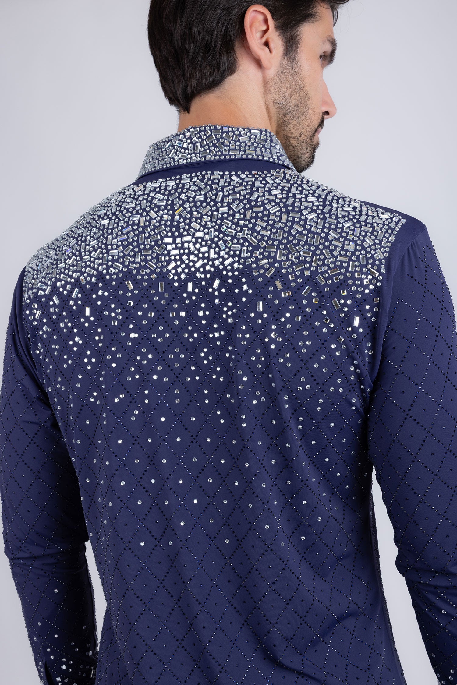 Barabas Men's Rhinestones Geometric Stretch Long Sleeve Shirts 5BR20 Navy