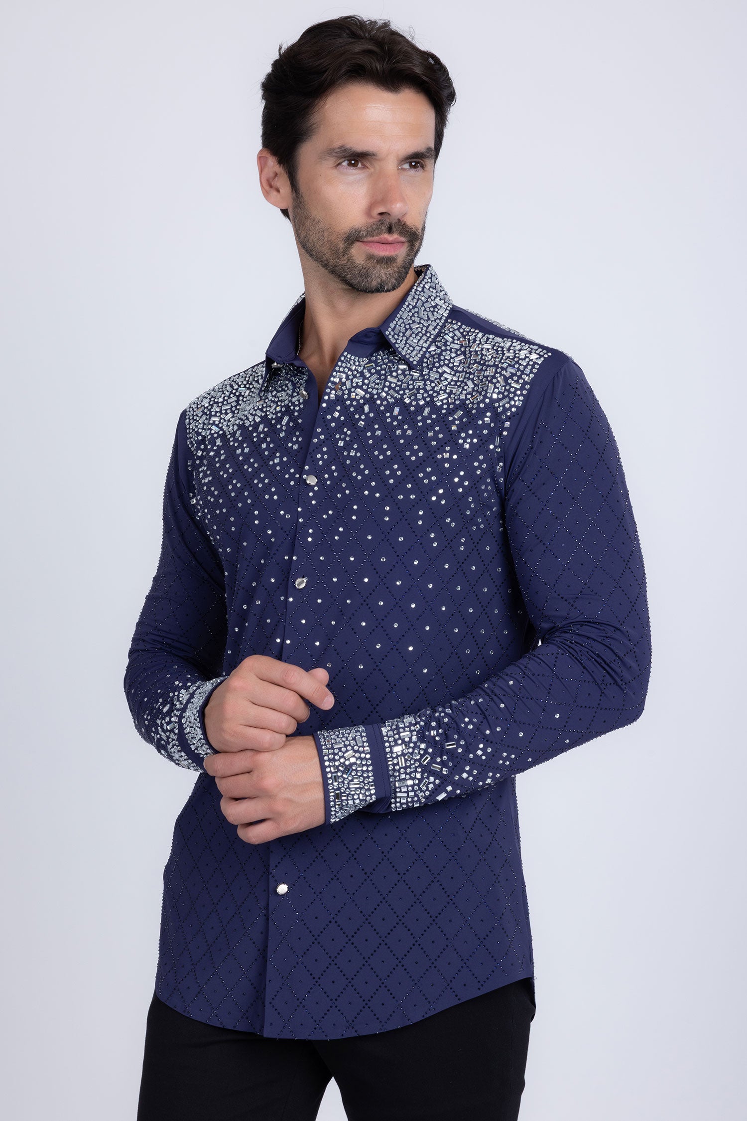 Barabas Men's Rhinestones Geometric Stretch Long Sleeve Shirts 5BR20 Navy