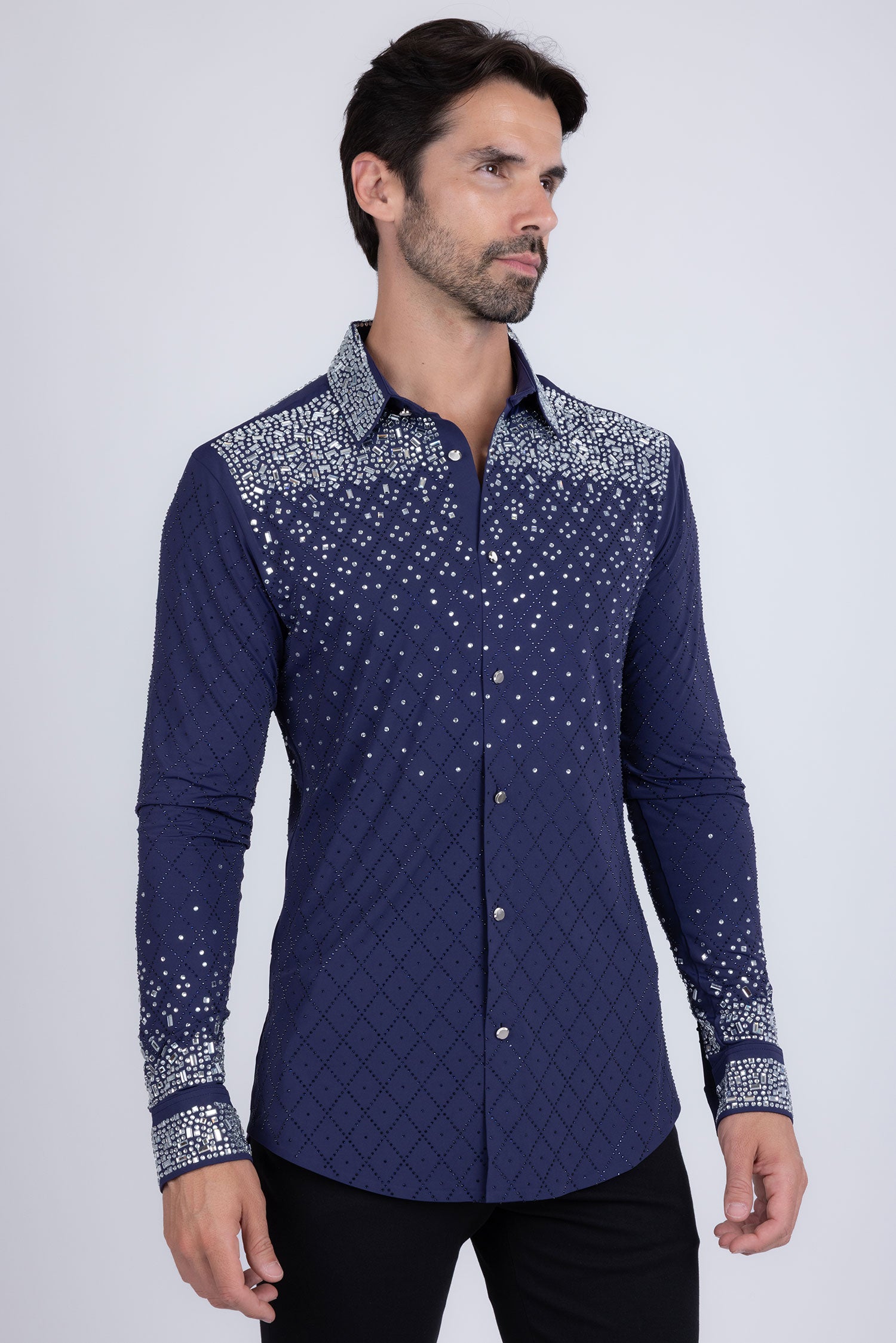 Barabas Men's Rhinestones Geometric Stretch Long Sleeve Shirts 5BR20 Navy