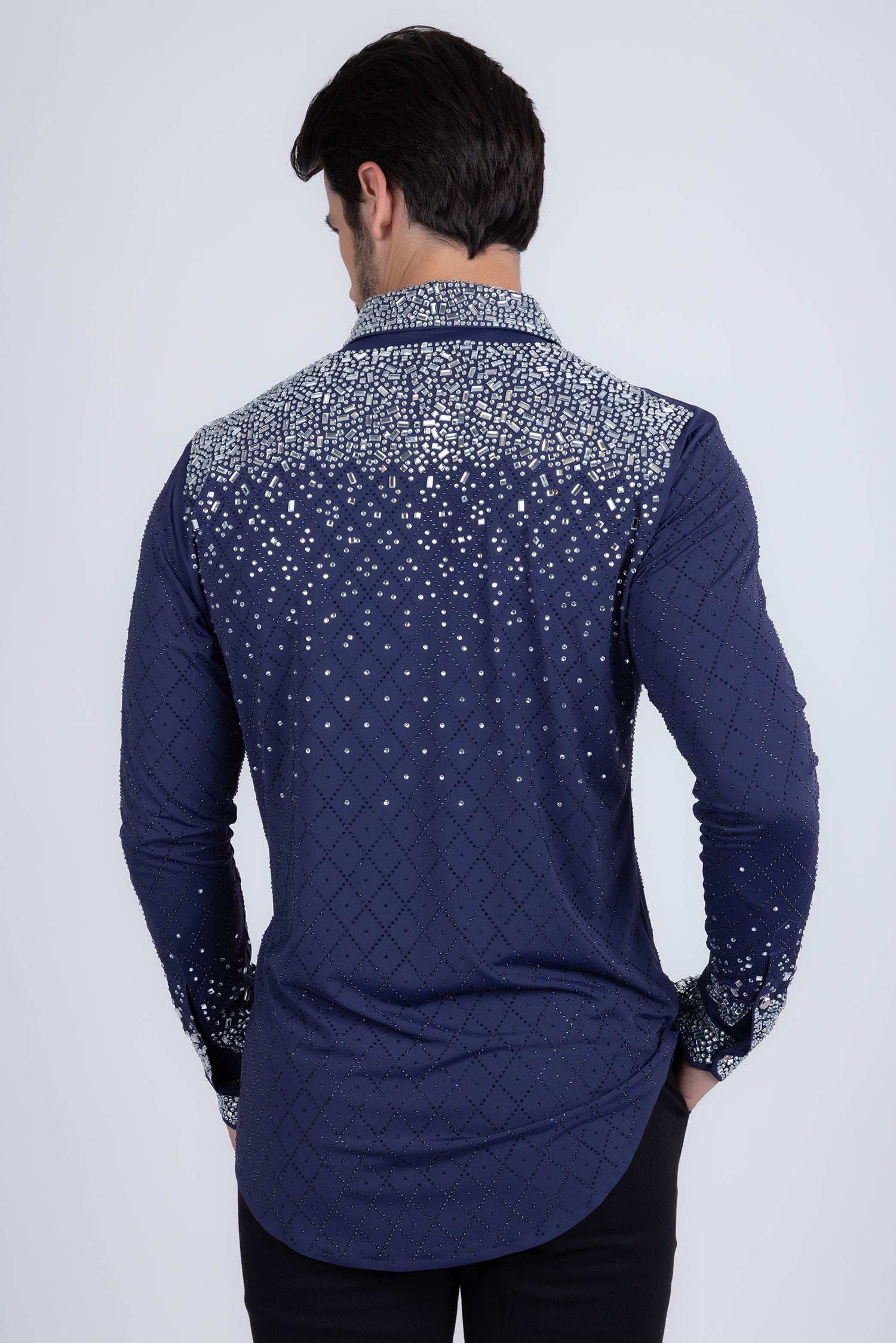 Barabas Men's Rhinestones Geometric Stretch Long Sleeve Shirts 5BR20 Navy