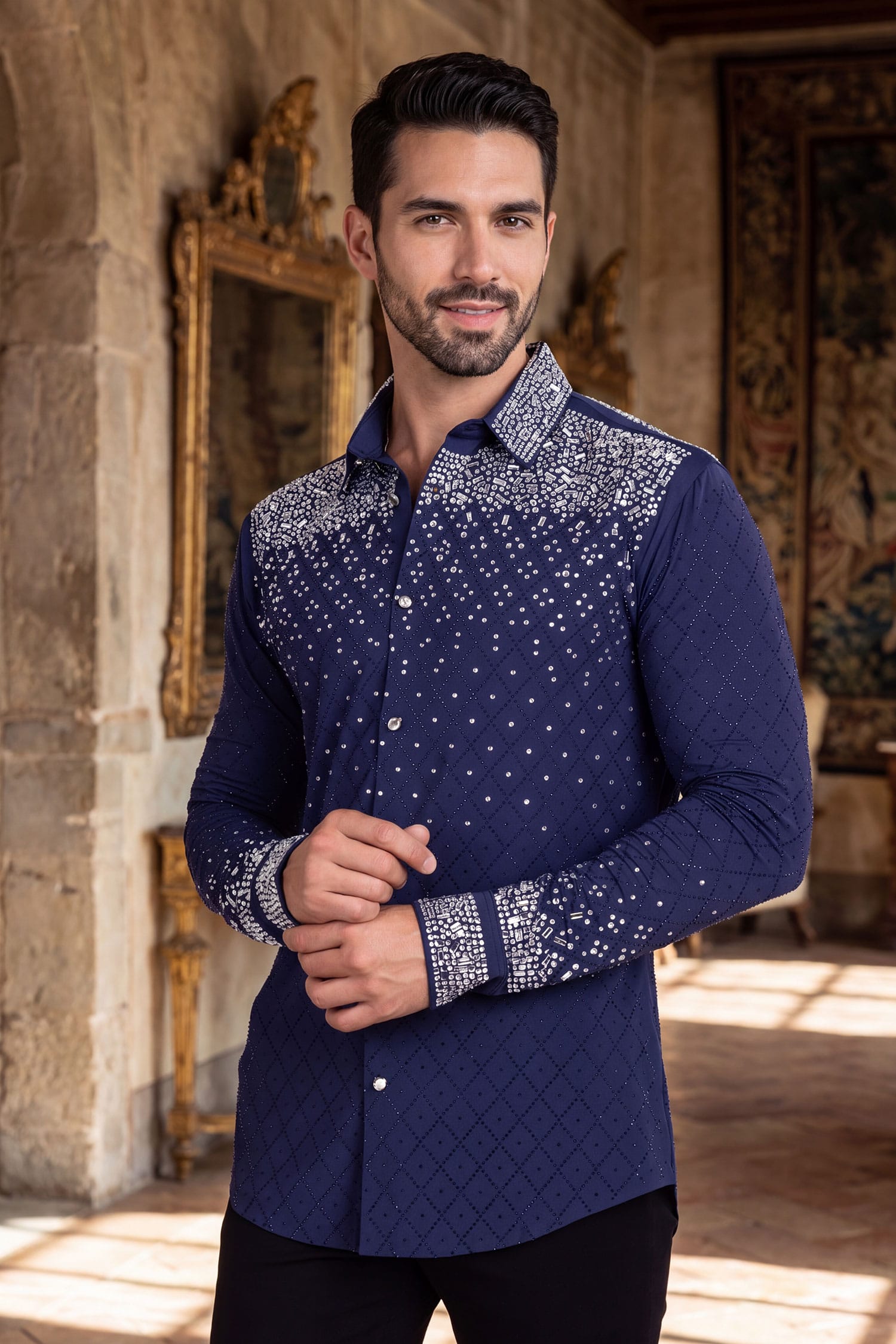 Barabas Men's Rhinestones Geometric Stretch Long Sleeve Shirts 5BR20 Navy Silver