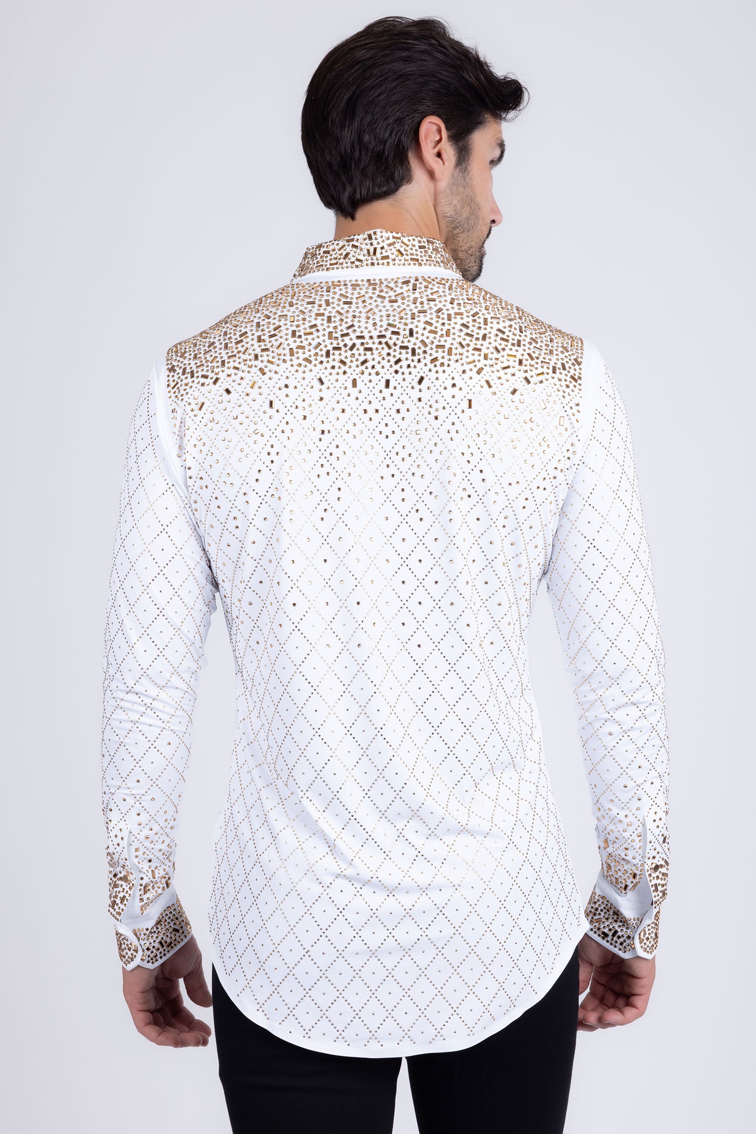 Barabas Men's Rhinestones Geometric Stretch Long Sleeve Shirts 5BR20 White