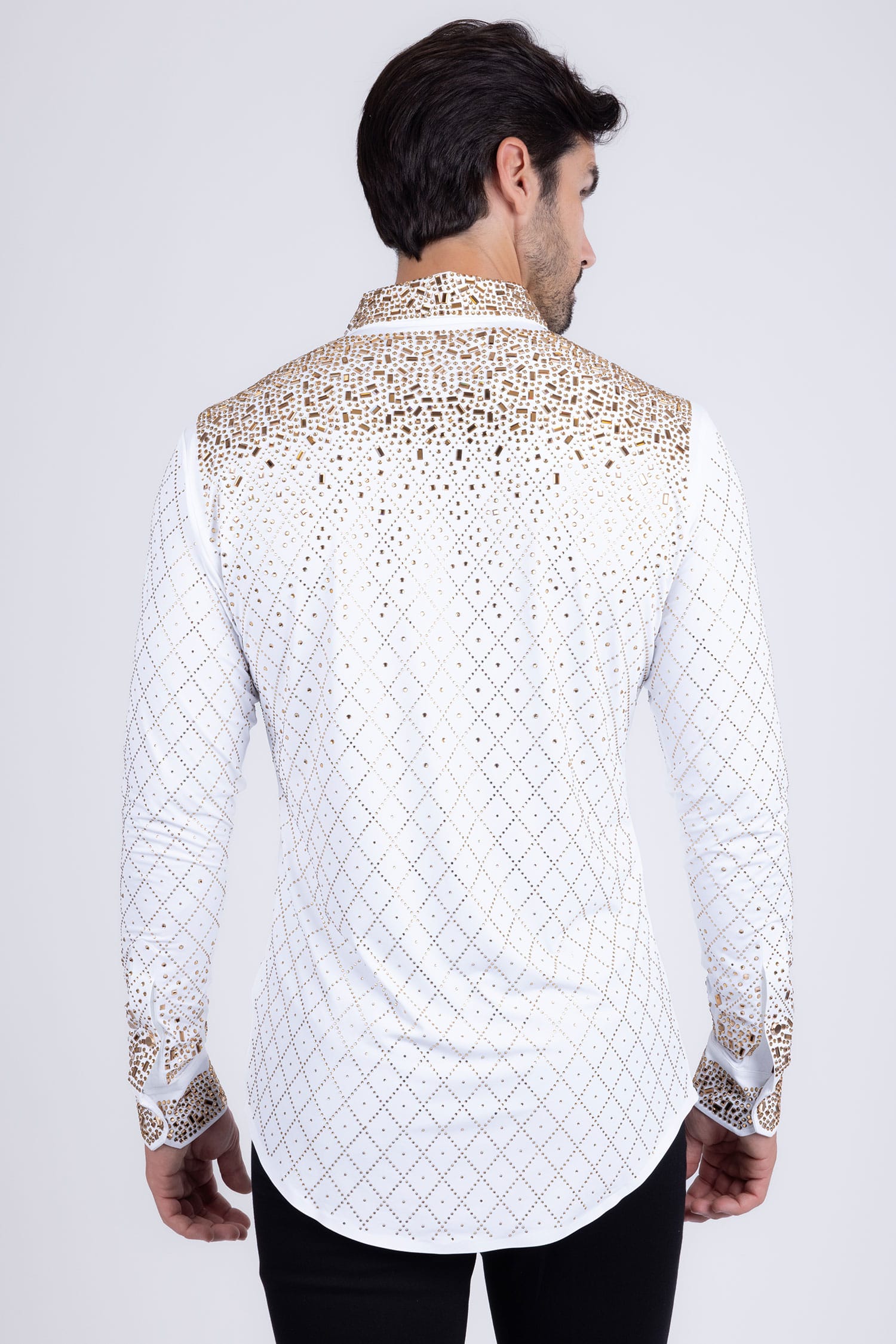 Barabas Men's Rhinestones Geometric Stretch Long Sleeve Shirts 5BR20 White