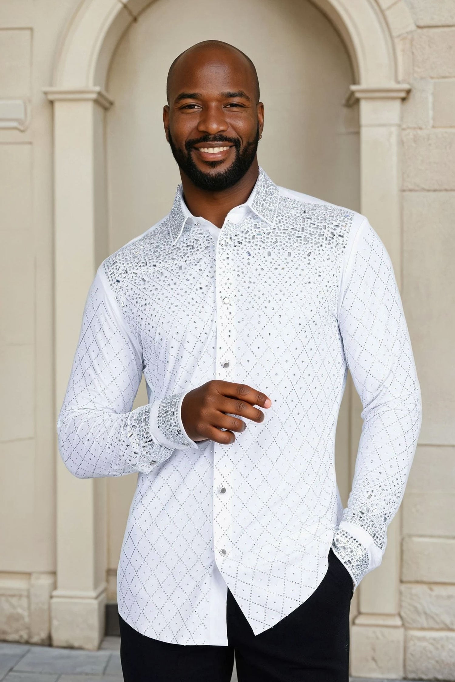 Barabas Men's Rhinestones Geometric Stretch Long Sleeve Shirts 5BR20 White