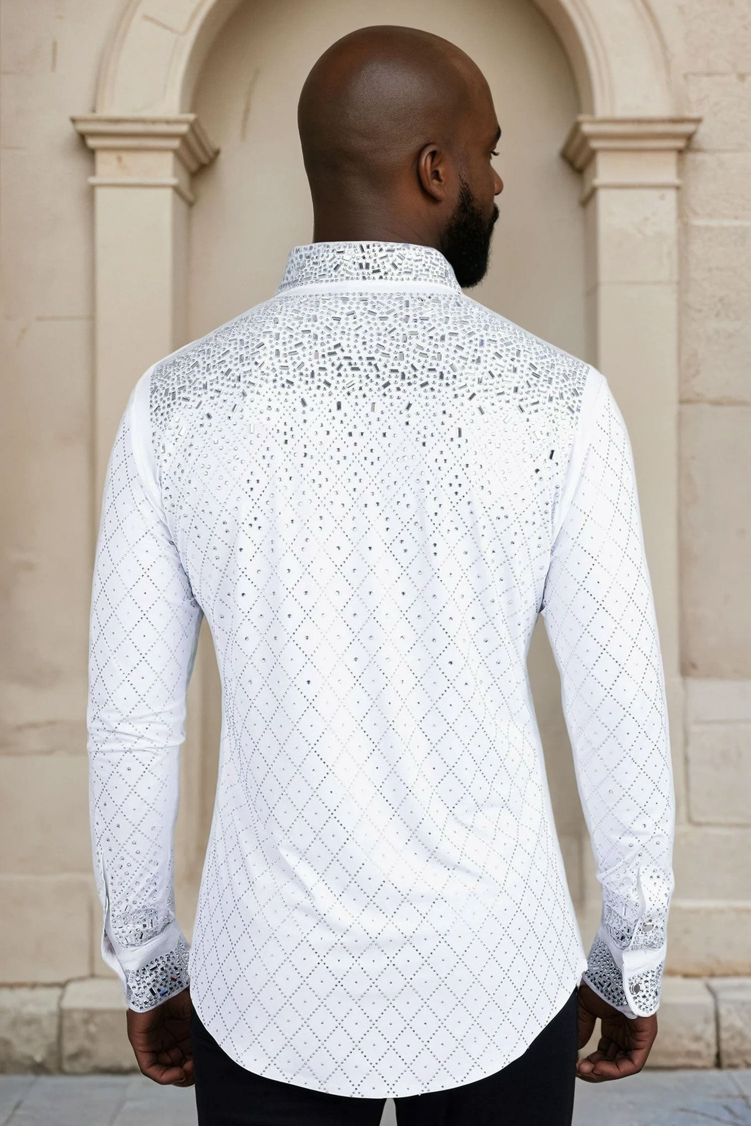 Barabas Men's Rhinestones Geometric Stretch Long Sleeve Shirts 5BR20 White