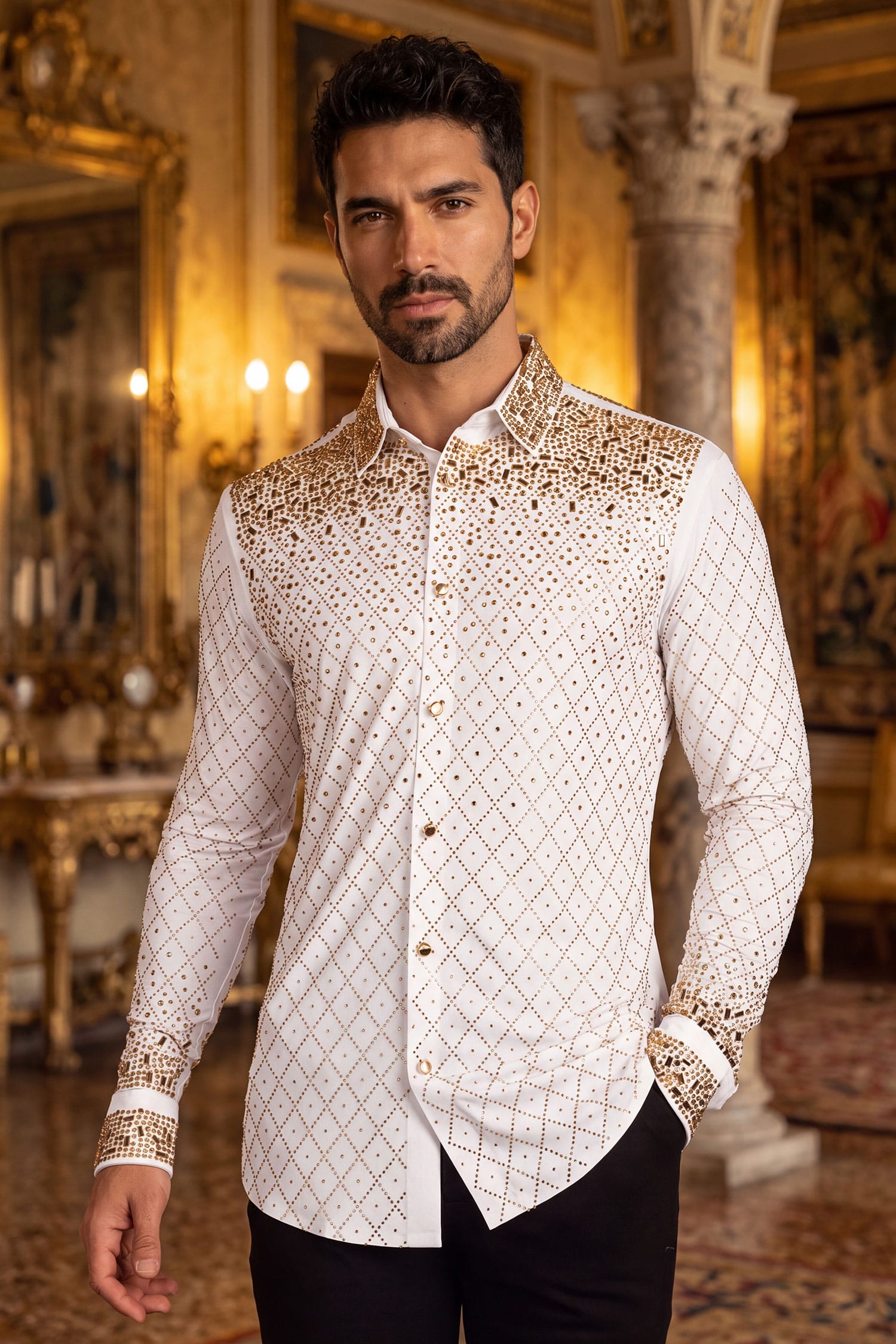 Barabas Men's Rhinestones Geometric Stretch Long Sleeve Shirts 5BR20 White Gold