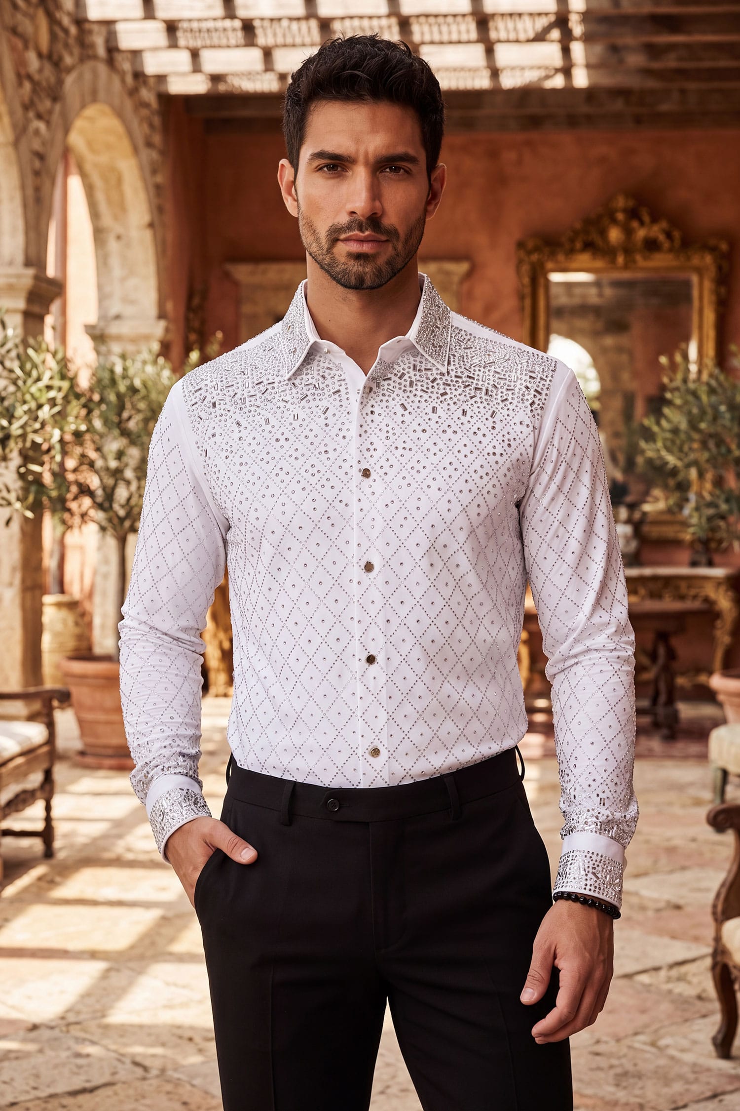 Barabas Men's Rhinestones Geometric Stretch Long Sleeve Shirts 5BR20 White