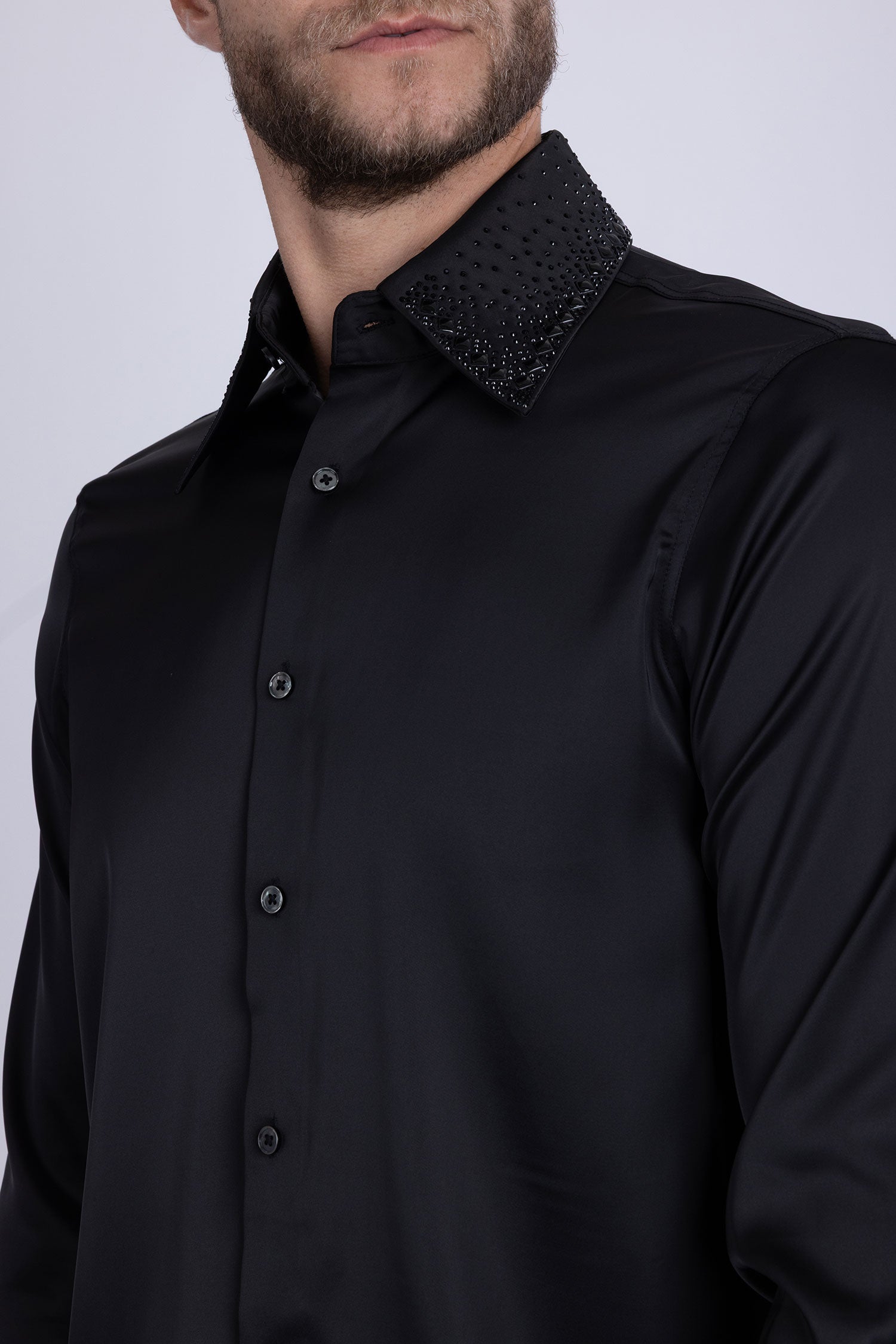 Barabas Men's Rhinestones Collar Stretch Long Sleeve Shirts 5BR21 Black